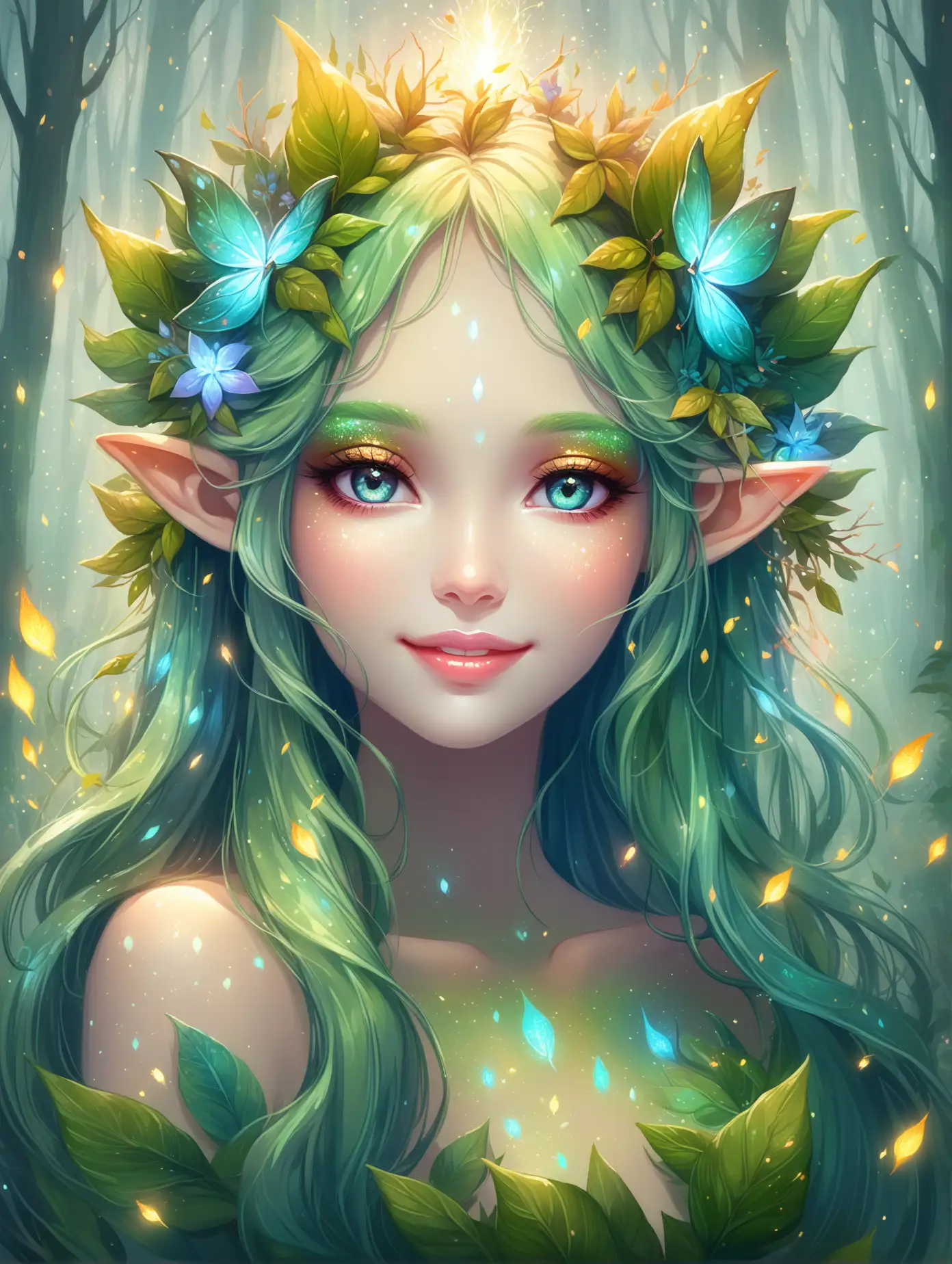 Colorful Illustration of a Beautiful and ethereal forest nymph girl, with full lips, pointy ears, shimmery make up, very long hair, dress made of leaves, smiling , flowers,  fog, sparks, close up portrait, 