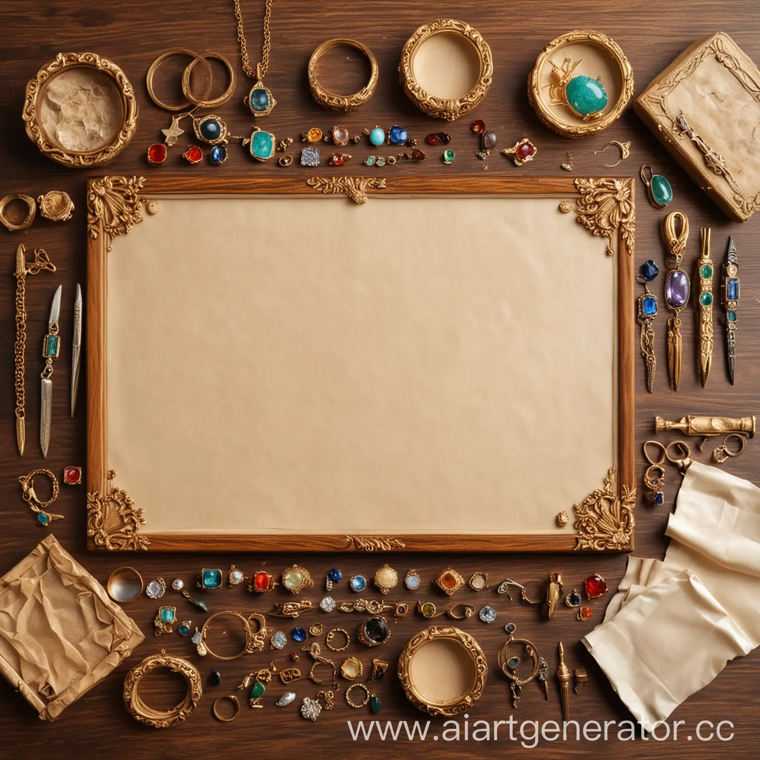 деревянный стол на котором:  украшения из золота мужские и женские, перстни, кулоны, драгоценные камни без оправы, кристаллы минералов, ювелирные инструменты, листы пергамента