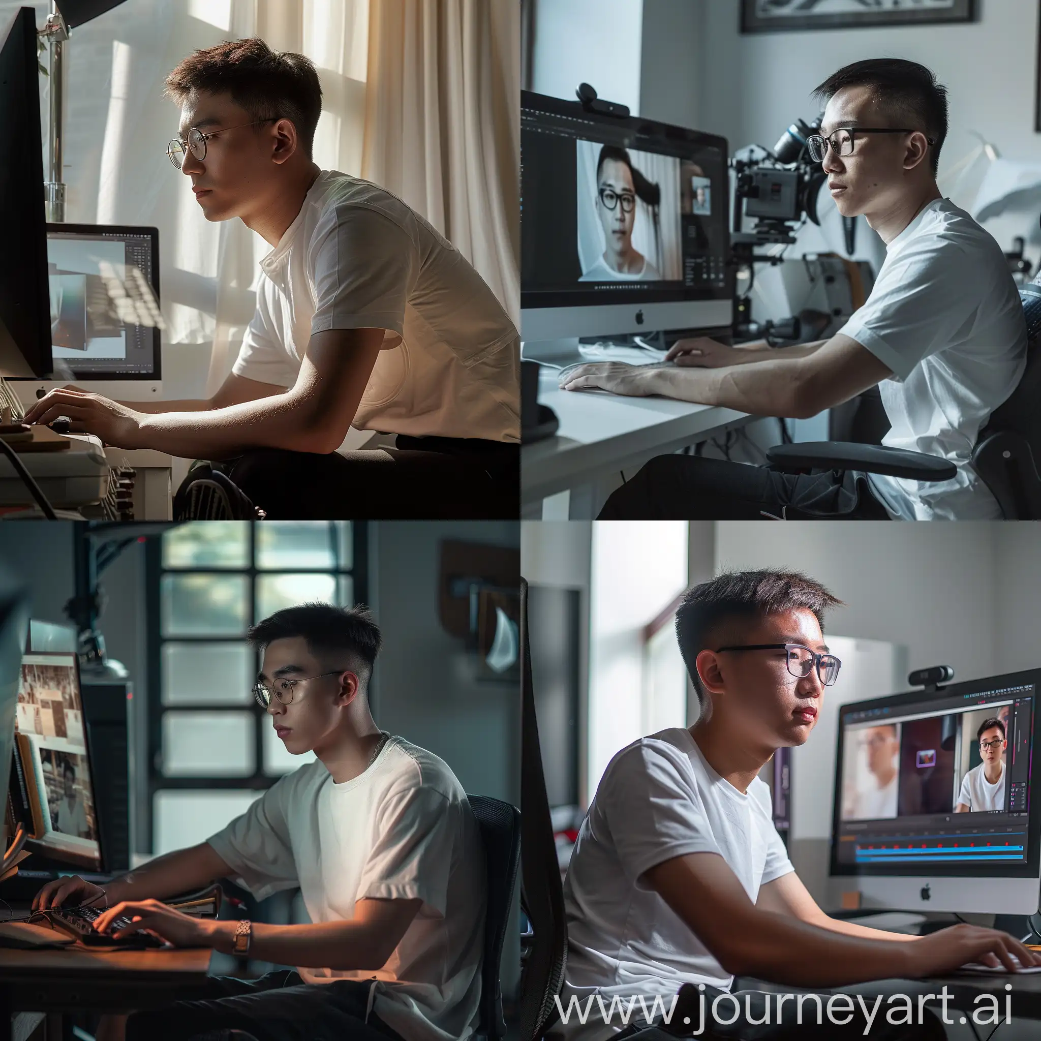 制作一个在海马体照相馆上班的修图师照片，男生，戴眼镜，短发，中国男生，白色短袖黑色裤子，坐在电脑前。光线温和，细节丰富。