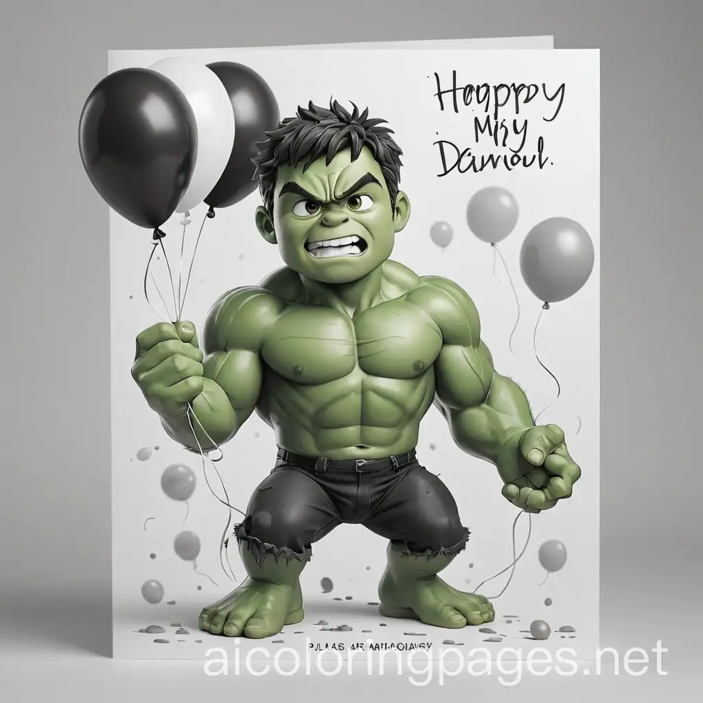 Colorized Birthday card for years old boy whom love hulk and balloons cakes
 
With the name Daniel on it, Coloring Page, black and white, line art, white background, Simplicity, Ample White Space. The background of the coloring page is plain white to make it easy for young children to color within the lines. The outlines of all the subjects are easy to distinguish, making it simple for kids to color without too much difficulty