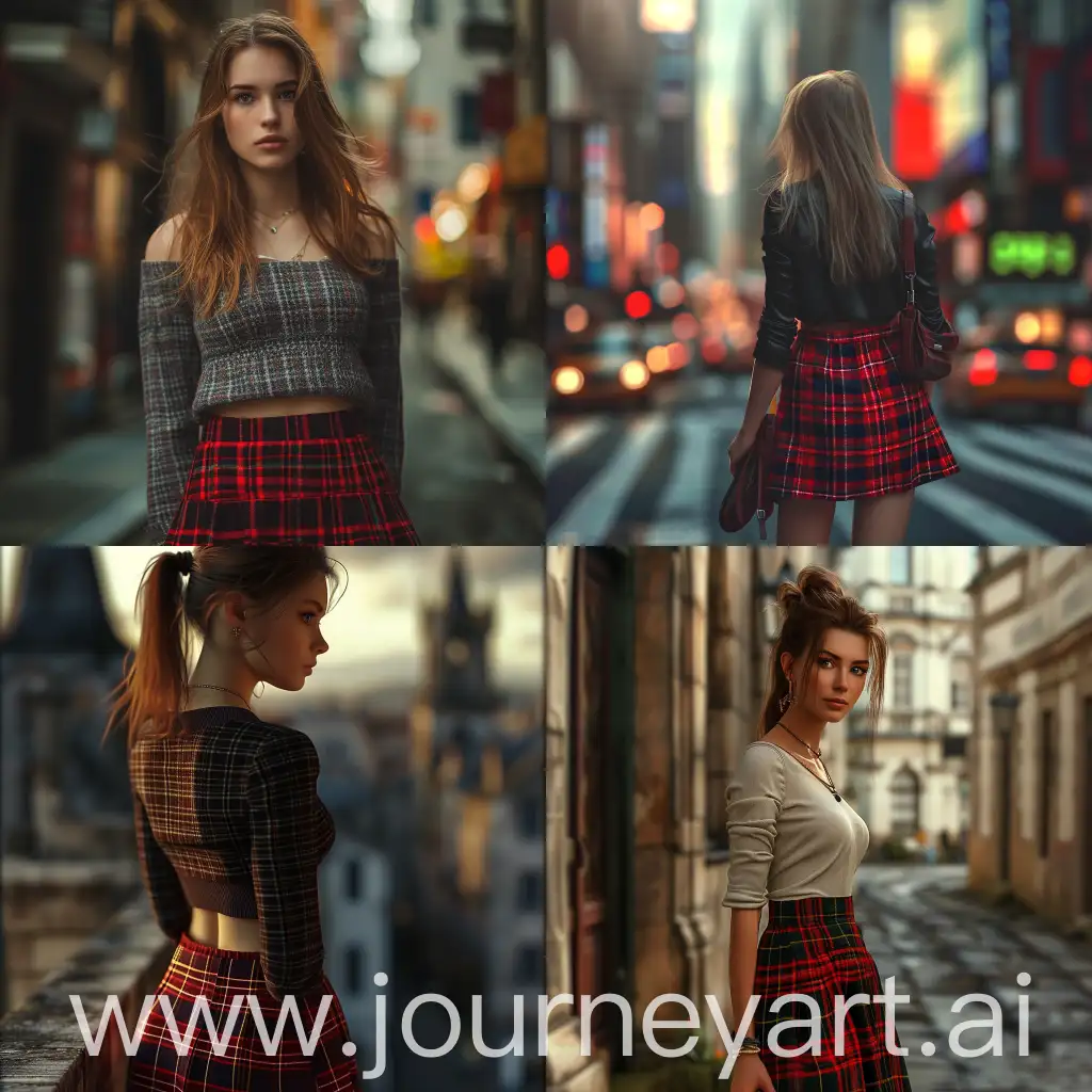 Stylish-European-Woman-in-Red-Plaid-Skirt-Exploring-Urban-Landscape