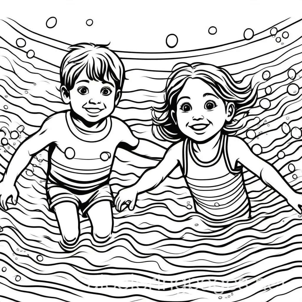 Boy and girl swimming smiling, Coloring Page, black and white, line art, white background, Simplicity, Ample White Space. The background of the coloring page is plain white to make it easy for young children to color within the lines. The outlines of all the subjects are easy to distinguish, making it simple for kids to color without too much difficulty