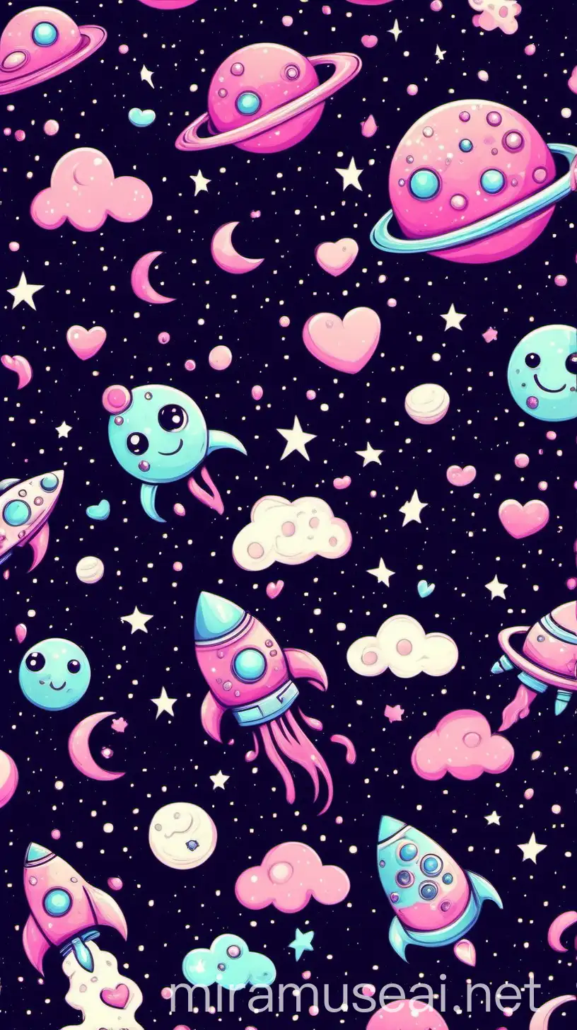 cute girly pattern of space with swirls, hearts, space ship, a moon dripping with slime