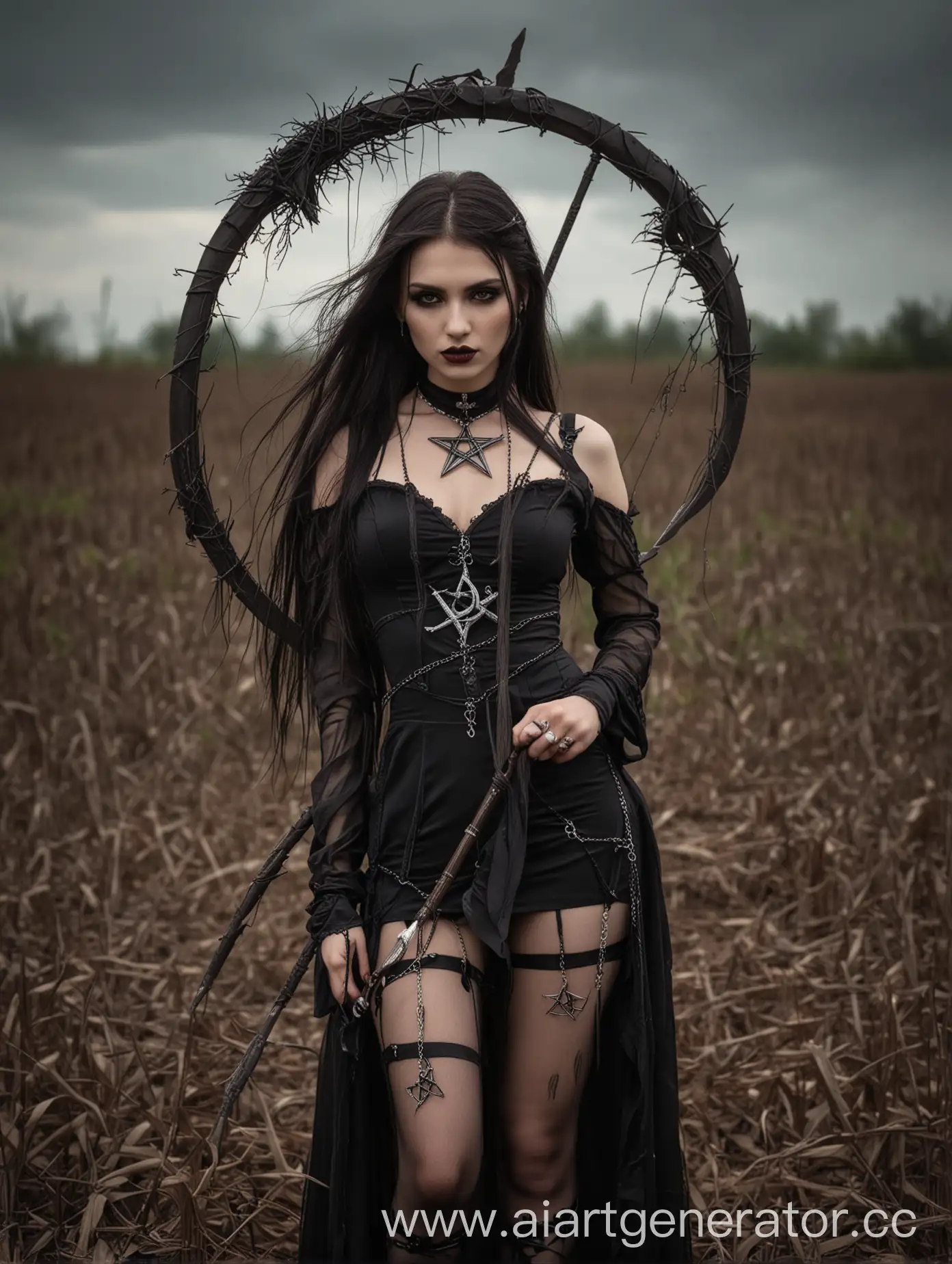 beautiful hot seductress girl fashion Goth model with a scythe in her hand and crow on her shoulder , sexy pose, long hair, black see through dress, seemed stockings, jewellery chain with pentagram, dark corn field on the background, side view,dark aesthetic