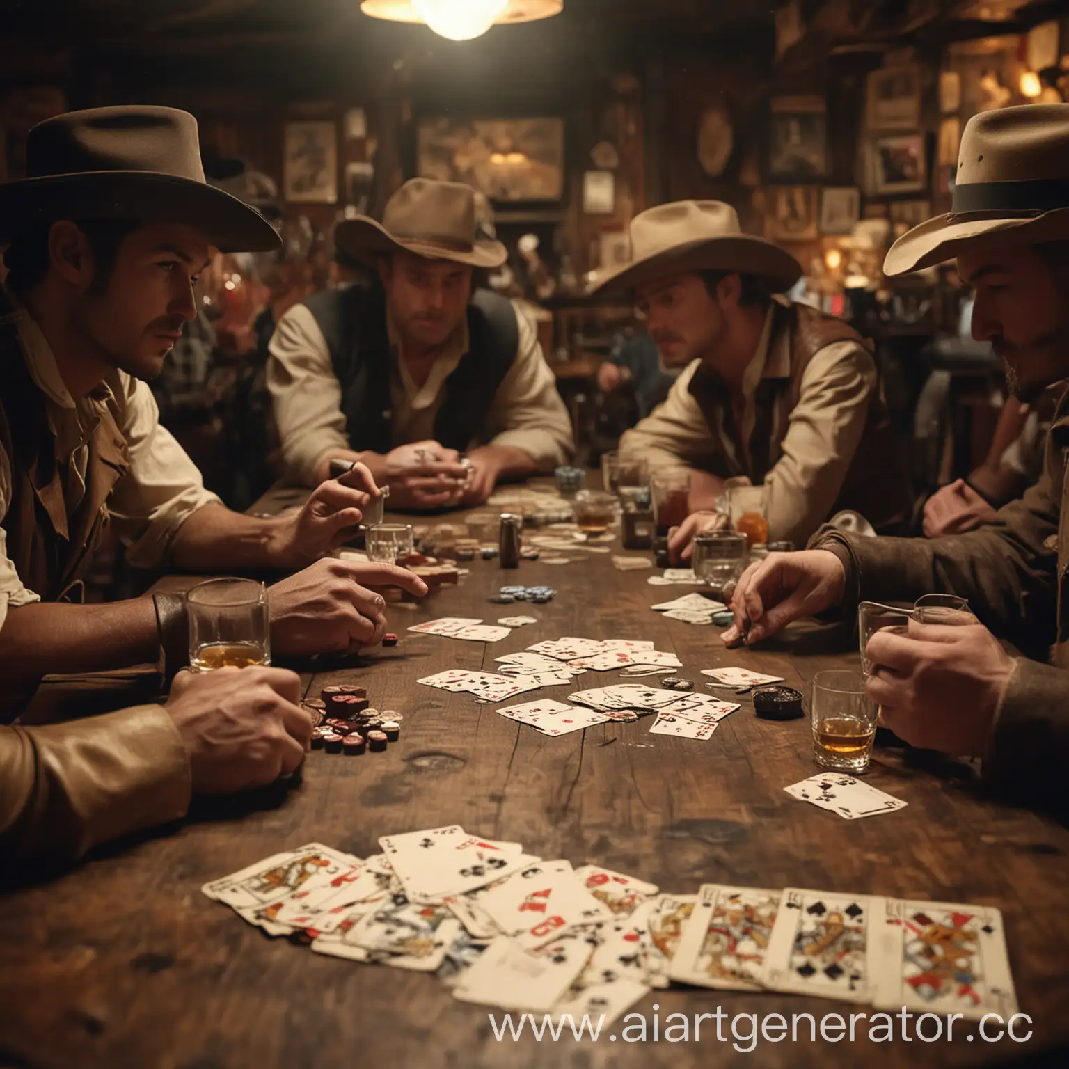 Стол в баре, на нём фокус камеры. На столе лежат лежат карты, идёт игра в покер, вокруг ковбойская шляпа, сигары, пойло и тому подобное, лиц людей не видно. Действие в ковбойском баре 18 века. Картинка должна выглядеть как фото 16х9.