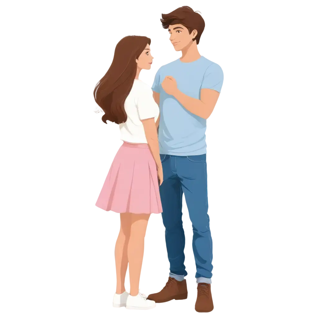Cartoon style. Handsome boy wearing white t-shirt and blue jeans. He Standing with a beautiful girl. The girl, wearing a white t-shirt, pink skirt. They are is looking each other. The background is garden flowers. Their hands holding.