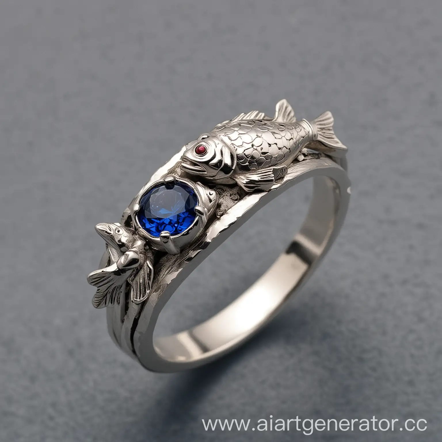 серебрянный перстень с двумя рыбами и синим сапфиром