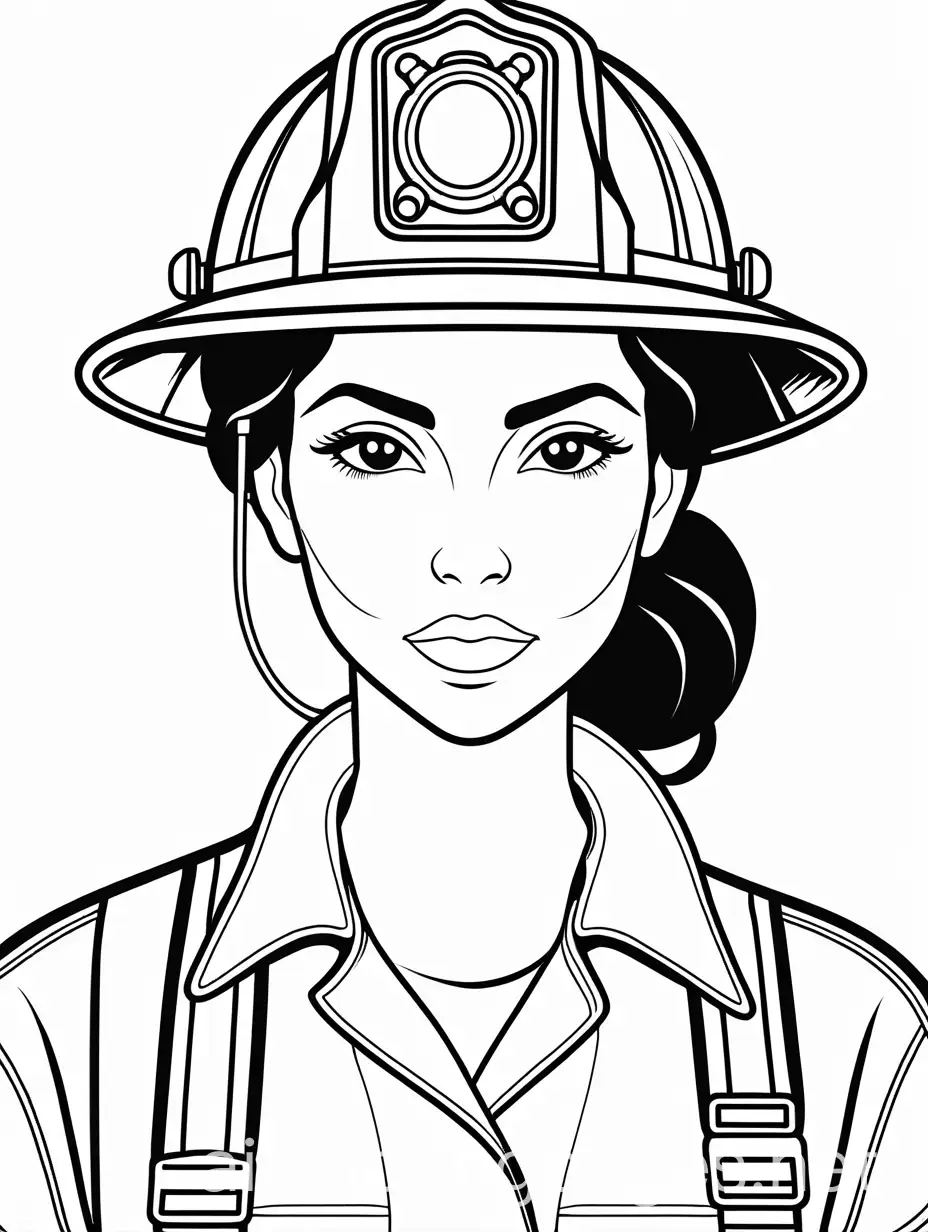 a woman firefighter PORTIAIT, Coloring Page, black and white, line art, white background, Simplicity, Ample White Space