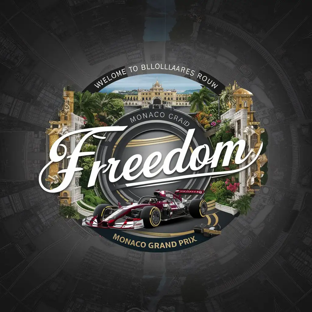 a logo design,with the text "Freedom", main symbol:Continue the panoramic view from the front to create a seamless wrap-around effect. This would include more of the coastline, with the ocean extending to the left and additional iconic landmarks like the Prince's Palace. Main Element: Showcase a detailed illustration of the Monaco Grand Prix track with a high-end race car speeding along it. Color Palette: Deep reds and whites for the race car, keeping with a classic racing aesthetic, and the track in shades of grey and black with vibrant markers. Details: Integrate elements of the lush gardens and high-end shops lining the streets, emphasizing Monaco’s blend of natural beauty and opulence. Use small gold foil details on shop signs, garden gates, and other architectural elements. Typography: At the top, center, in a matching elegant cursive font, write 'Welcom to Billionaires Row'.,complex,clear background