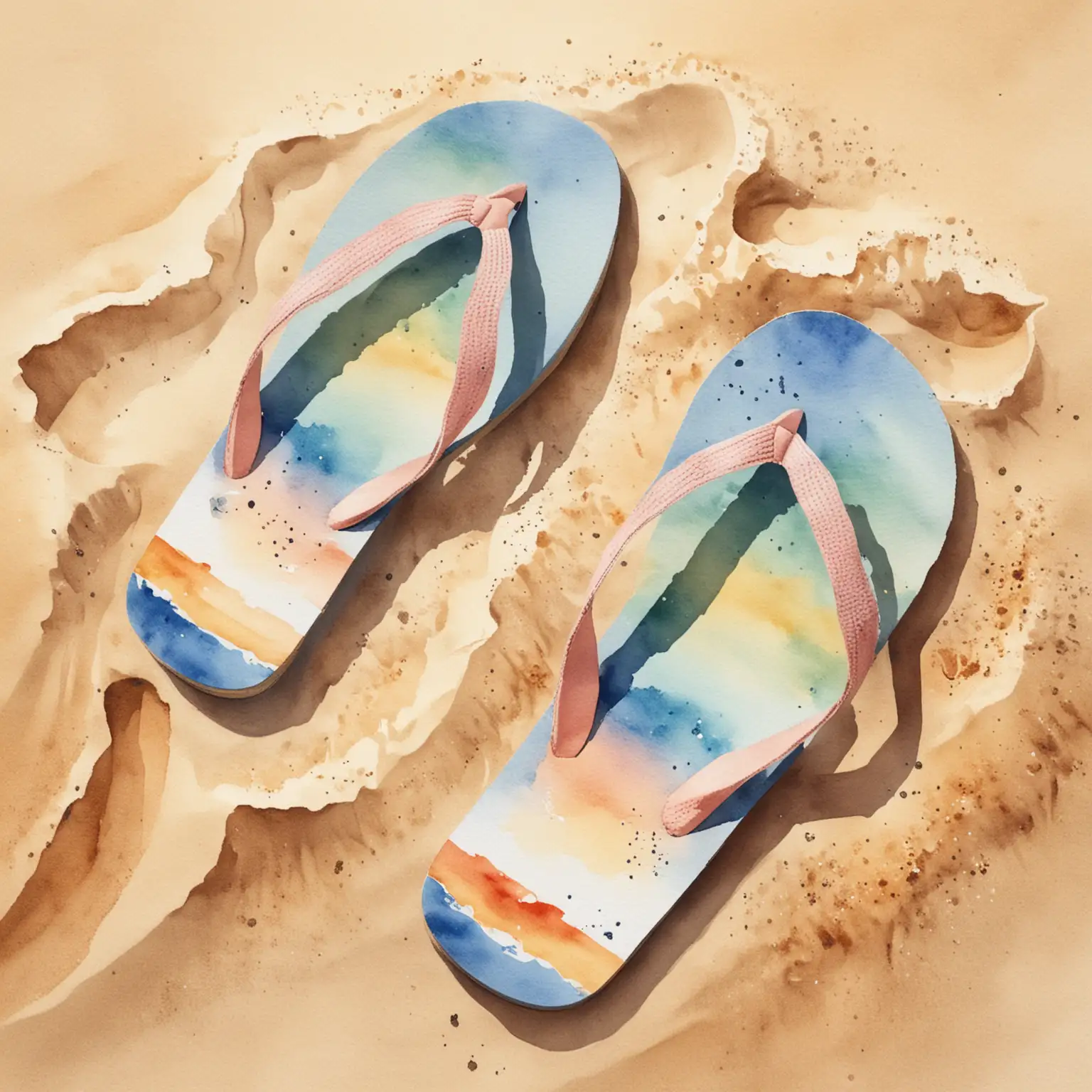 Flip flop på en sandstrand, sommar , med vattenfärg 