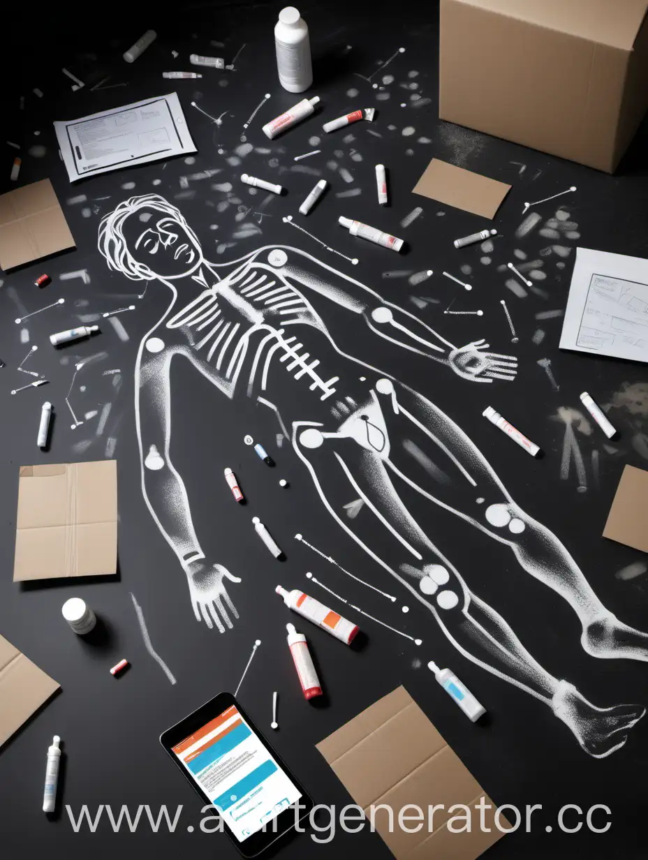 Chalk-Outlined-Murder-Scene-with-Drug-Paraphernalia-and-Phone-Evidence