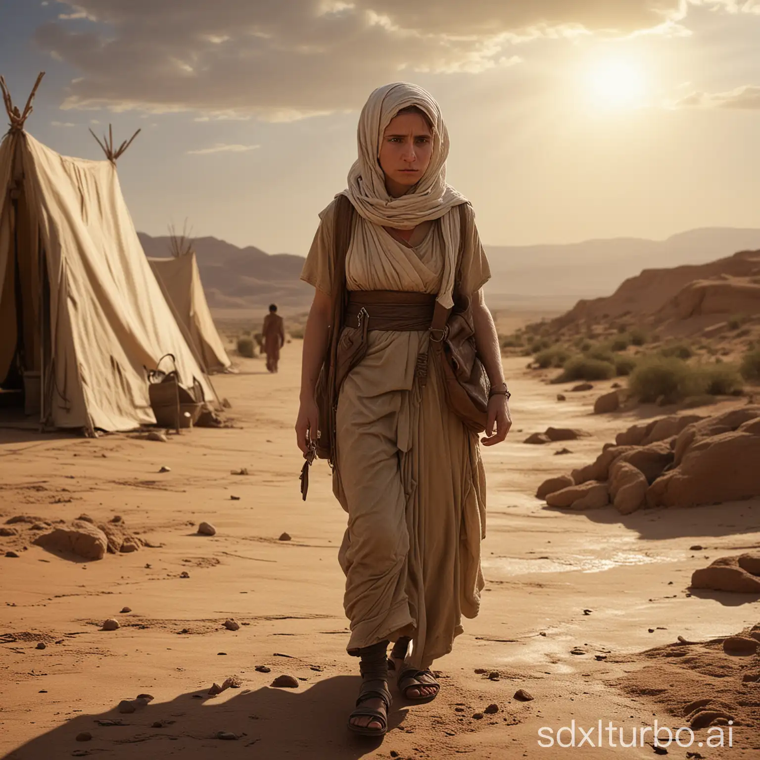 Create a detailed, realistic scene inspired by the Bible story where Abraham sends Hagar and Ishmael away. The scene should be set in a vast, arid desert under a scorching sun. Hagar, a weary but resilient woman, is carrying a small leather water skin, which is almost empty. Ishmael, a young boy, is beside her, looking thirsty and exhausted. Hagar is anxiously searching the horizon for any sign of water. In the background, Abraham can be seen in the distance, standing near a simple tent, looking sorrowful as he watches them leave. The atmosphere should convey a sense of desperation and hope. Use muted earth tones to highlight the harshness of the desert environment.