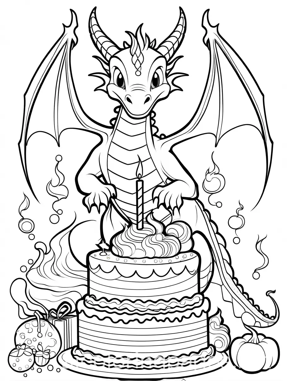 cartoon dragon, elements, magic, potion, birthday party, cake, Coloring Page, black and white, line art, white background, Simplicity, Ample White Space