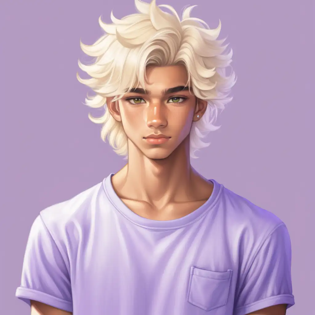 Feminine white blond fluffy haired teenage guy with tan skin, whole body,lavender eyes 