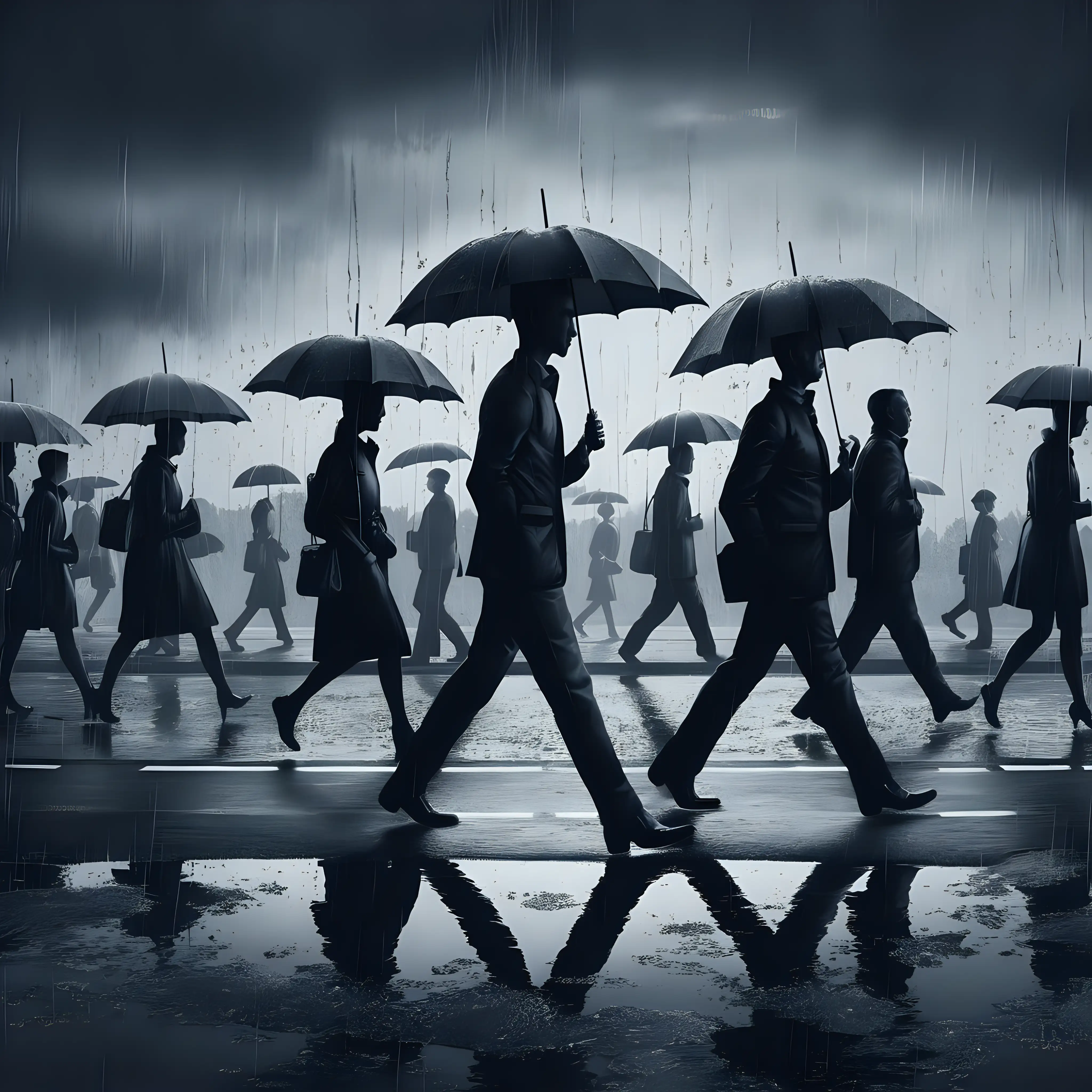 серые  силуэты людей в современной  одежде с зонтами  идут  вдоль дороги  на сером фоле плакат  перешагивают через лужи  плакат  плоский рисунок