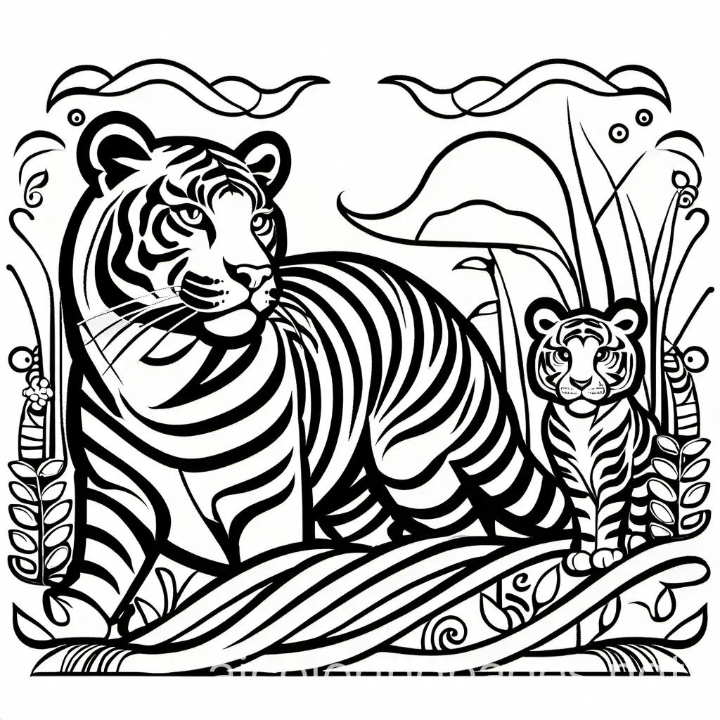 Tiger and cheetah in the style of Lisa frank, Coloring Page, black and white, line art, white background, Simplicity, Ample White Space. The background of the coloring page is plain white to make it easy for young children to color within the lines. The outlines of all the subjects are easy to distinguish, making it simple for kids to color without too much difficulty