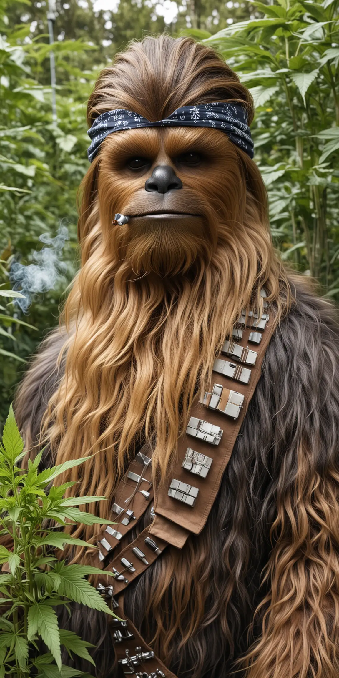 Chewbacca Wearing a Bandana Smoking in a Cannabis Grow