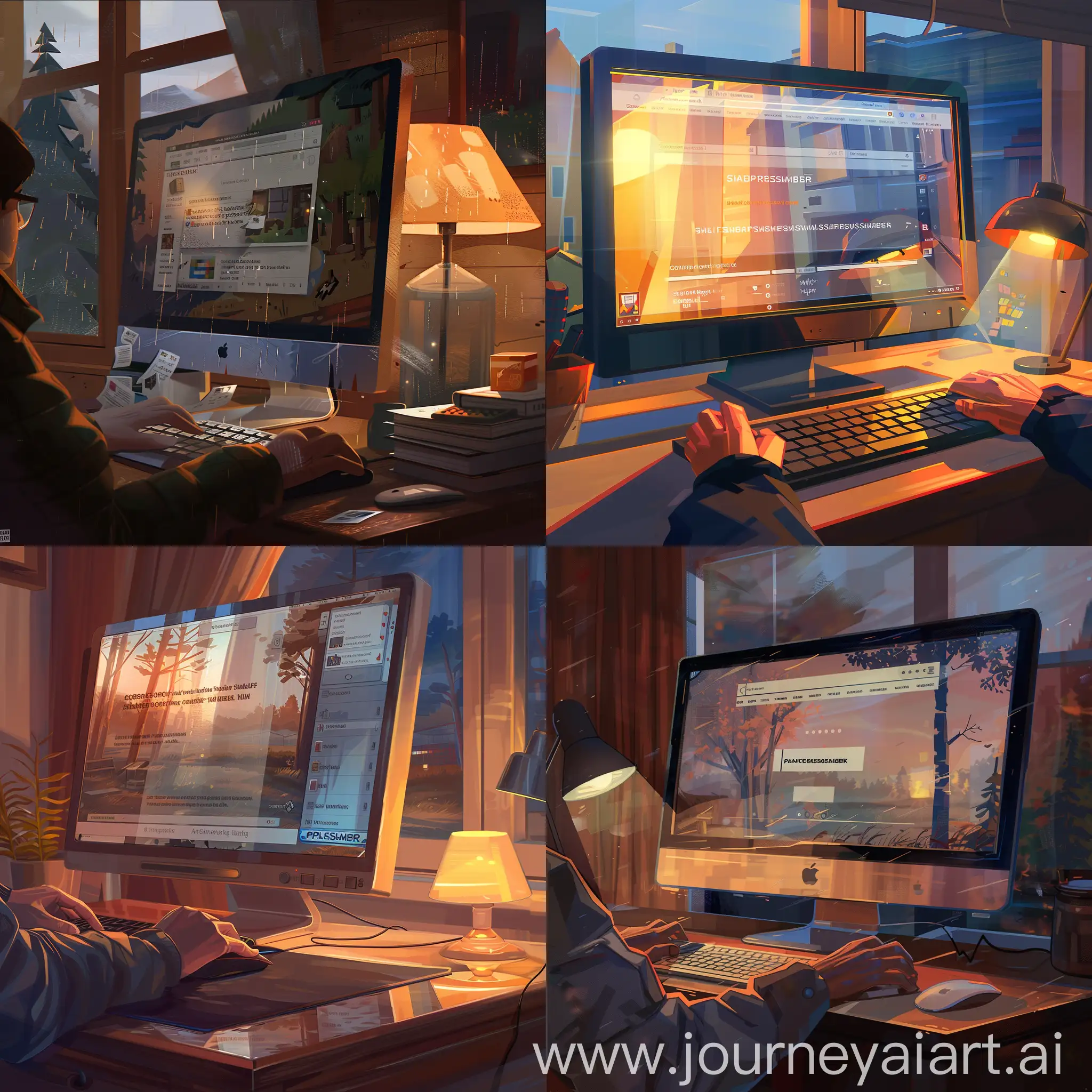 An intricate digital artwork portraying a computer user's journey to download shaders for a popular sandbox game. The scene unfolds in a cozy home environment, with warm ambient lighting emanating from a desk lamp. The focal point is the computer monitor, where a browser window displays a search query for downloading shaders. The user's hands are visible on the keyboard and mouse, engaged in the search process. Through the browser window, recognizable websites like PlanetMinecraft or CurseForge are subtly depicted, hinting at reliable sources for shader downloads. A sense of anticipation fills the air as the user navigates through the search results, eventually landing on the desired shader page. The composition captures the essence of exploration and discovery, with the user's expression conveying determination and excitement. Reflections on the monitor screen add depth to the illustration, enhancing its realism and immersive quality. 
