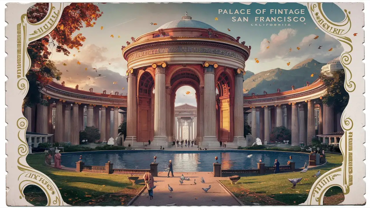 Vintage Postcard of Palace of Fine Arts in San Francisco with Greek Columns and Autumn Atmosphere