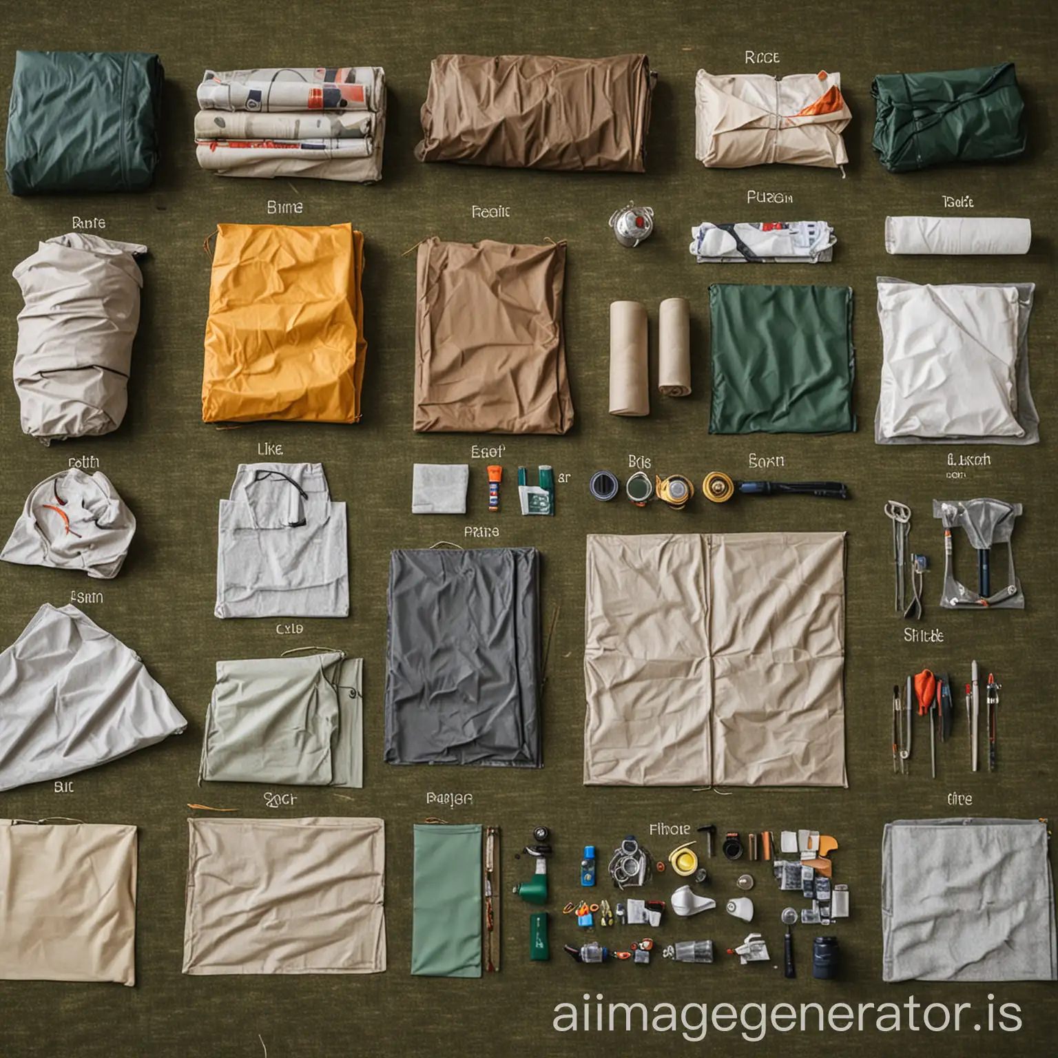 The image shows a variety of camping tent materials laid out on a table. The materials include waterproof fabrics, lightweight but durable textiles, and flexible yet strong materials. Each material is labeled with its properties and intended use in camping tent construction. This detailed image provides a visual representation of the factors influencing material choice in camping tent construction, showcasing the different options available to manufacturers and designers.
