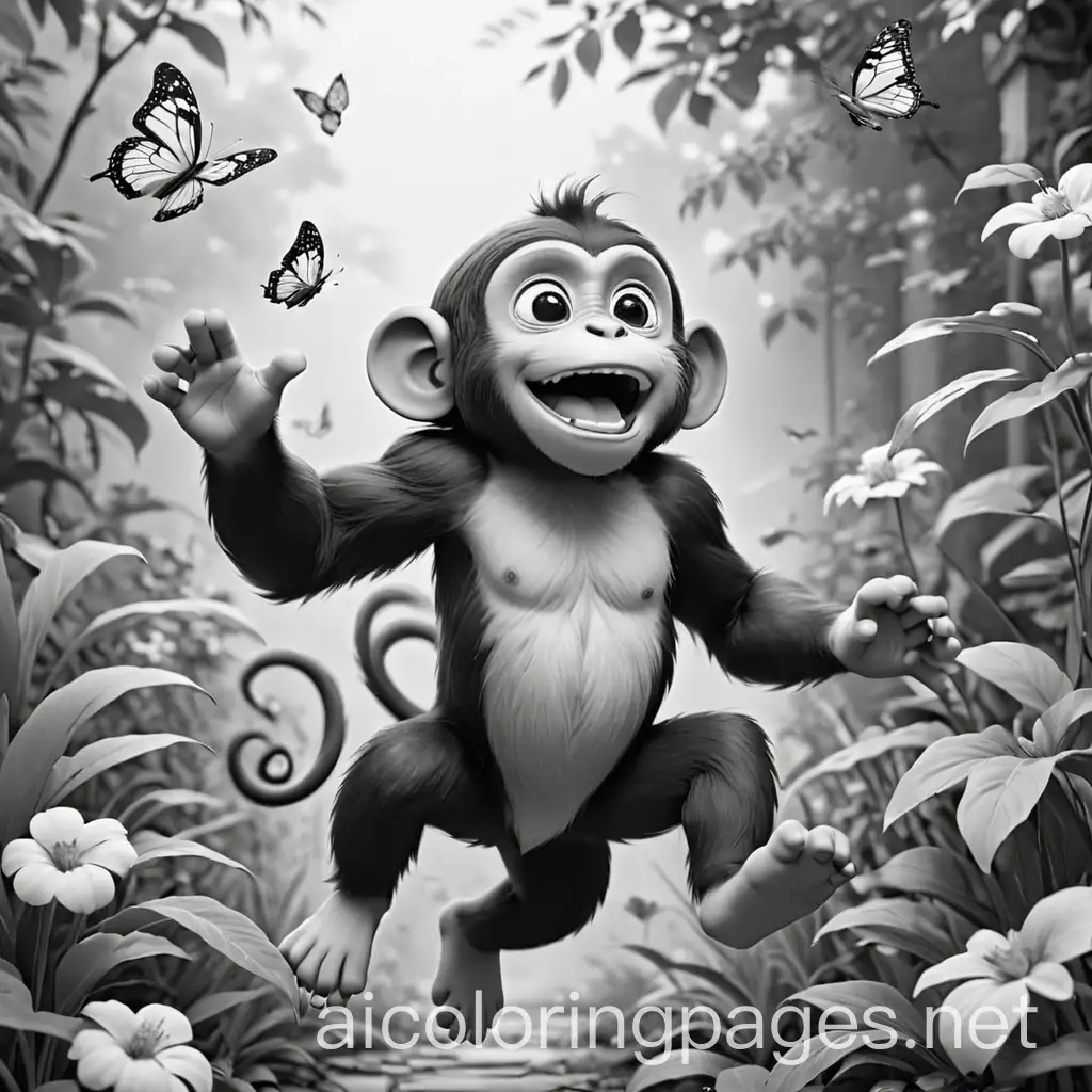 coloring page a monkey jumping after a butterfly, in a beautiful garden, Coloring Page, black and white, line art, white background, Simplicity, Ample White Space, Coloring Page, black and white, line art, white background, Simplicity, Ample White Space. The background of the coloring page is plain white to make it easy for young children to color within the lines. The outlines of all the subjects are easy to distinguish, making it simple for kids to color without too much difficulty
