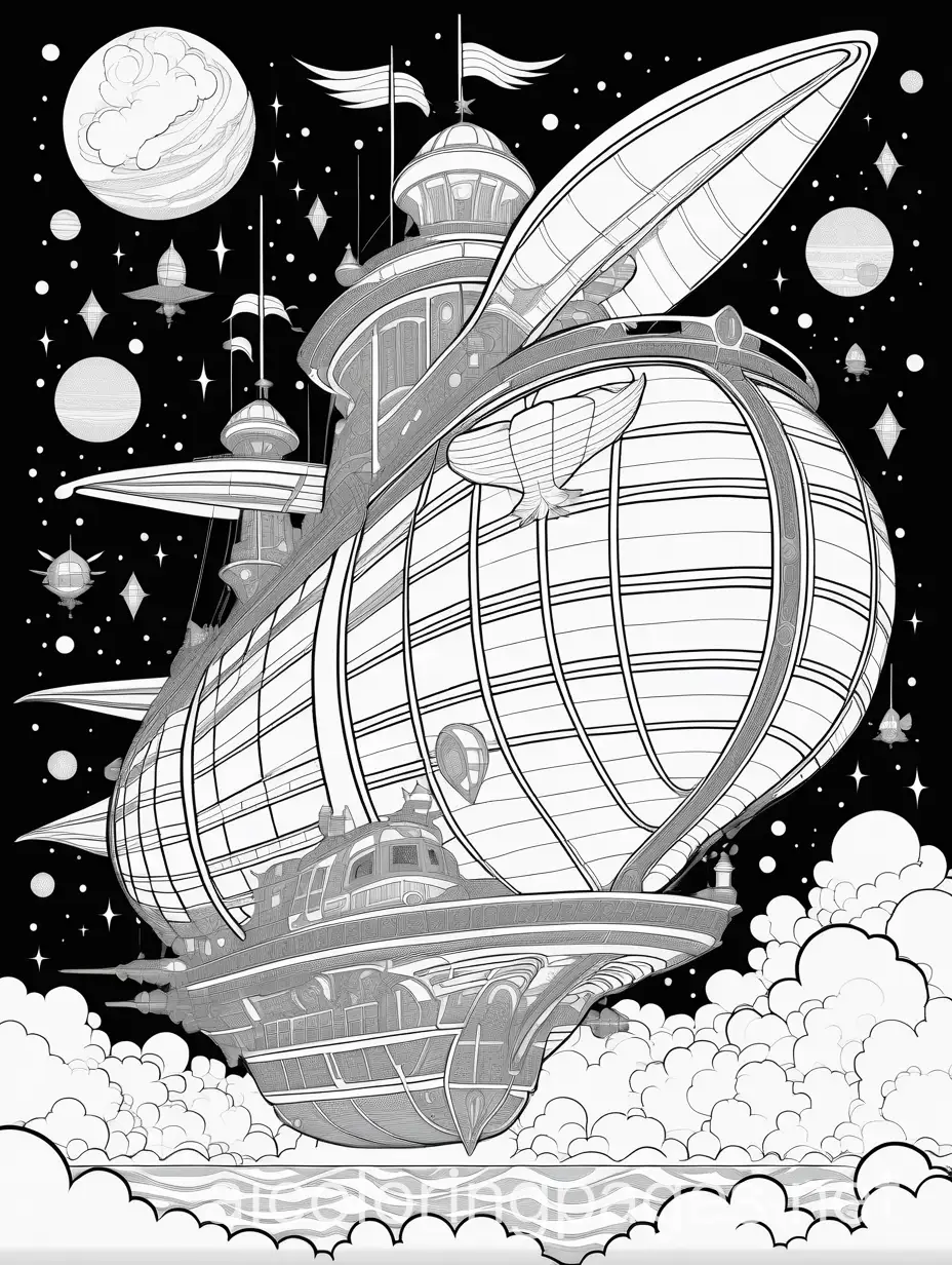 Treasure Planet galactic rocket powered pirate ship with wings flying through outer space, Final Fantasy steampunk airship, Ghibli airship, floating crystals, flying sea creatures, Coloring Page, black and white, line art, white background, Simplicity, Ample White Space.