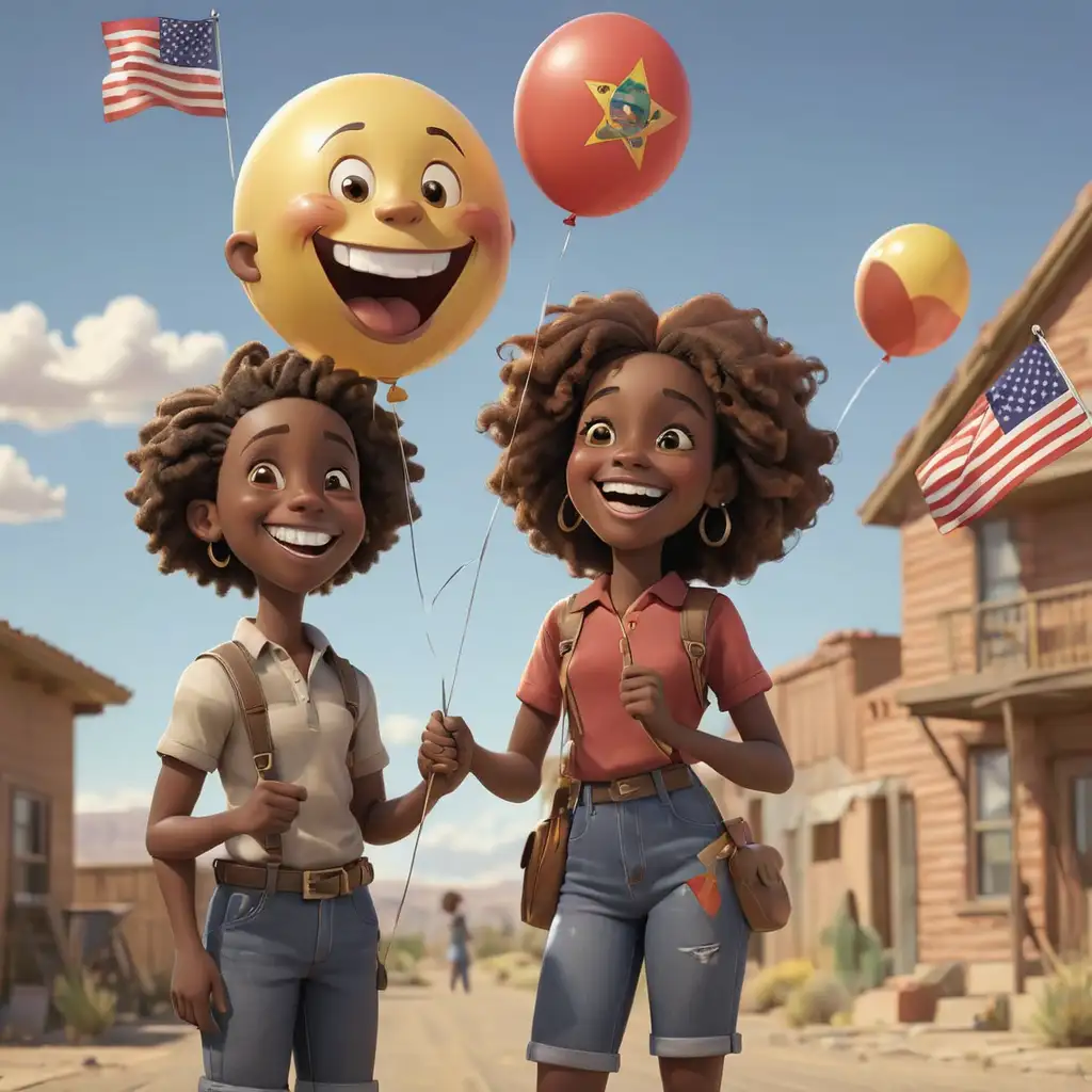 Happy African American Characters with Balloon and Flag in New Mexico