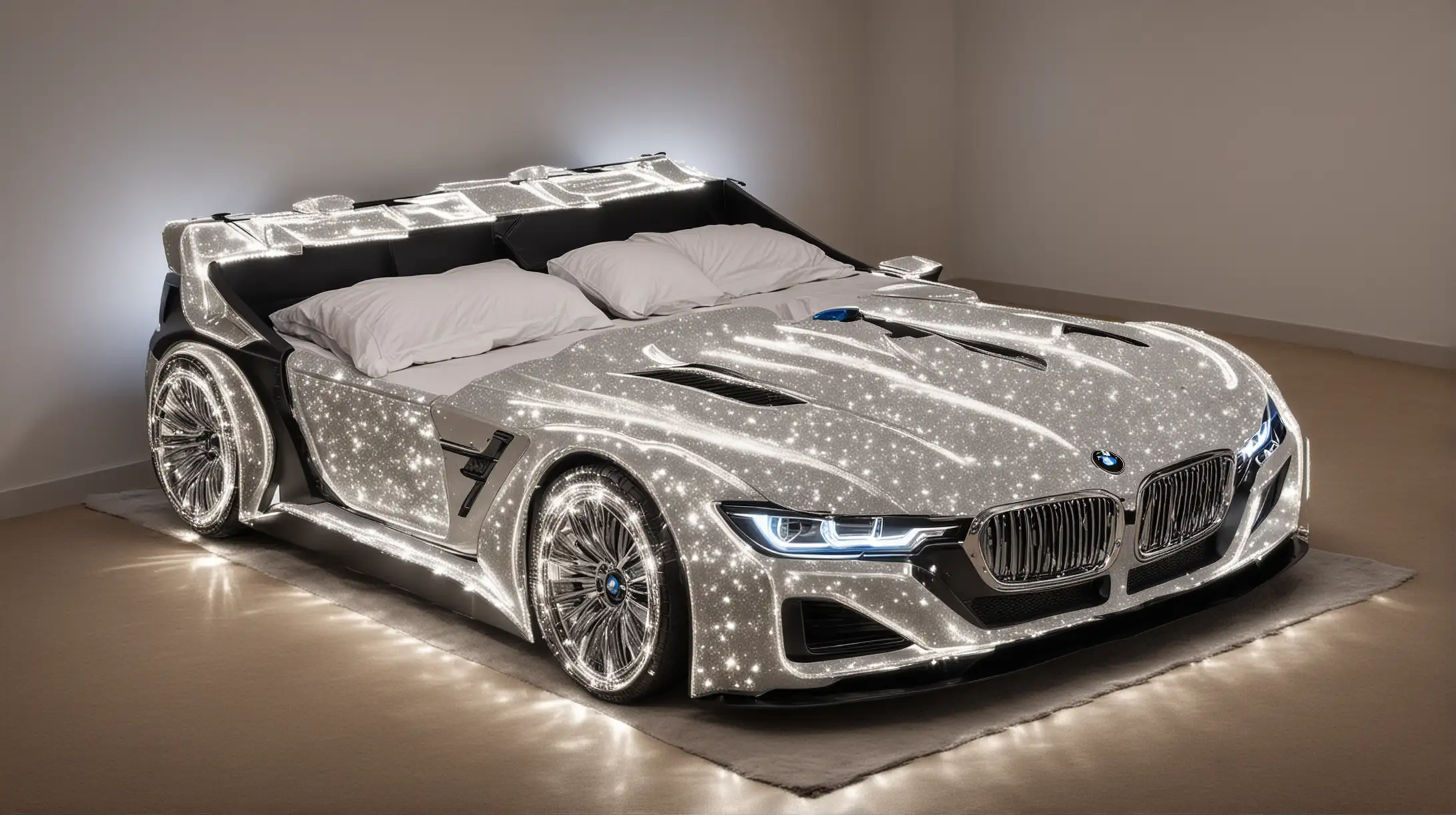 Double bed in the shape of a BMW car with headlights on and sparkle graphics