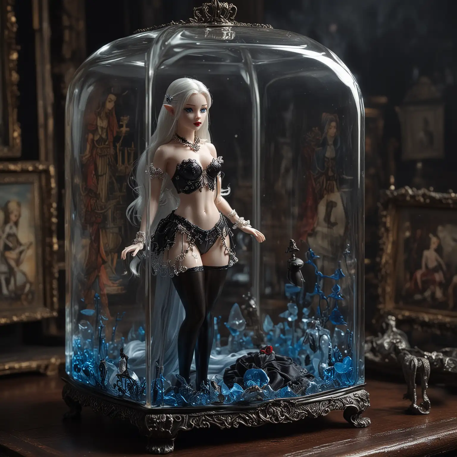Subject:  (((miniature glowing glass box))), 1 small princess encased inside, glamorous body, long white hair, porcelain skin, blue eyes, elf ears, blue and black erotic lingerie, air, high detail, medium breasts, full body, standing, tiara, collar, earrings, black stockings, high heels
Background/Setting: The scene is an alchemist's lab, with the ((( miniature glowing glass box))) on the table and the small princess inside.
Style/Coloring: The image is highly detailed, likely featuring intricate designs on the lingerie and elaborate backgrounds. The colors are predominantly blue and black, suggesting an ominous tone.
Action: The small princess is mesmerized facing a dark wizard. Her posture and expression convey resignation to her new fate .
Items/Costume: The small princess is wearing small blue and black erotic push-up bra and thong, with accessories such as earrings, a collar, a tiara, garter belt, stockings and high heels.  She  is wearing red lipstick and heavy make-up.  These details contribute to her royal and seductive appearance.  Her hair is up suggesting a refined royal appearance.