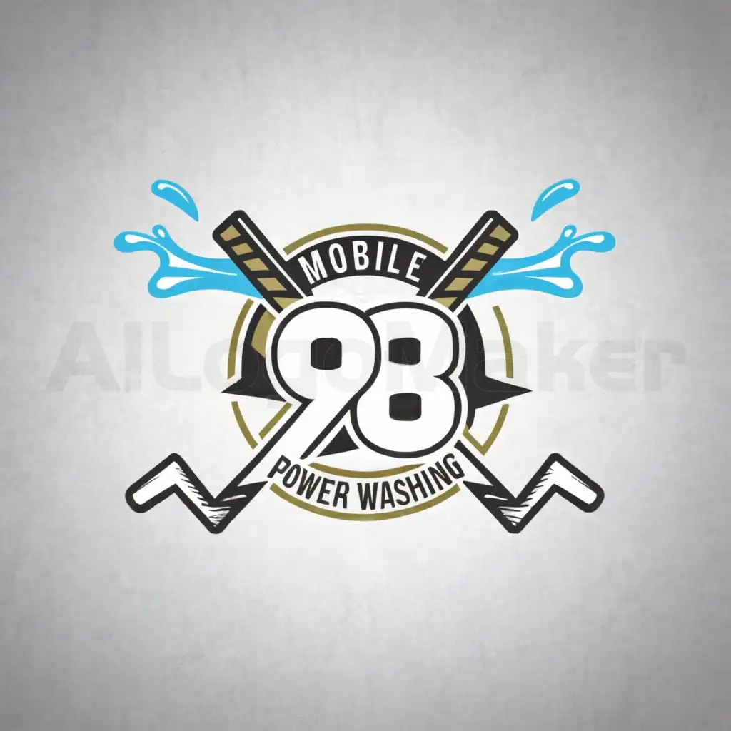 a logo design,with the text "98 mobile power washing", main symbol:#98 with crossed hockey sticks, but a power washing logo with water spray,Moderate,be used in Others industry,clear background