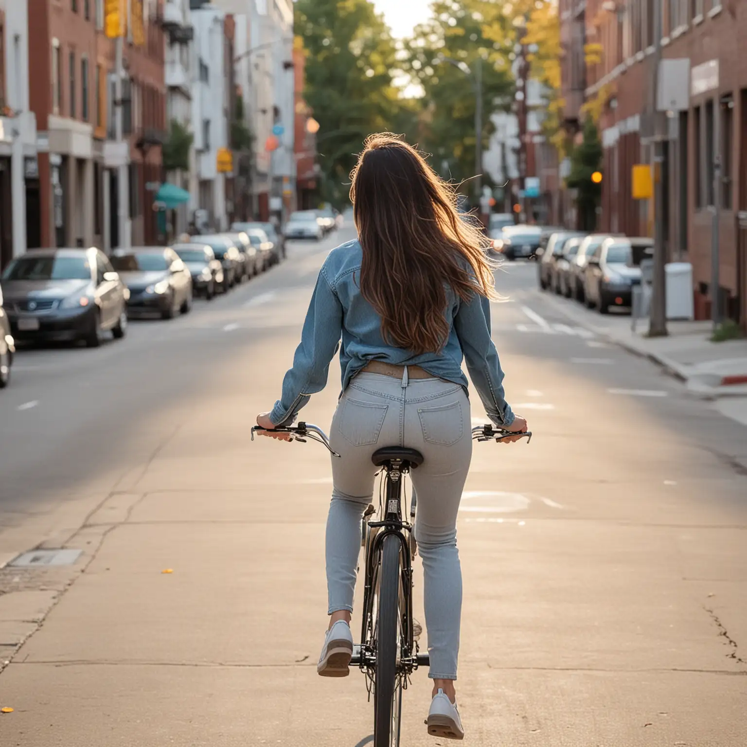 一个年轻北美女性的背影，穿休闲衣服，这个女性正在街道上骑自行车
