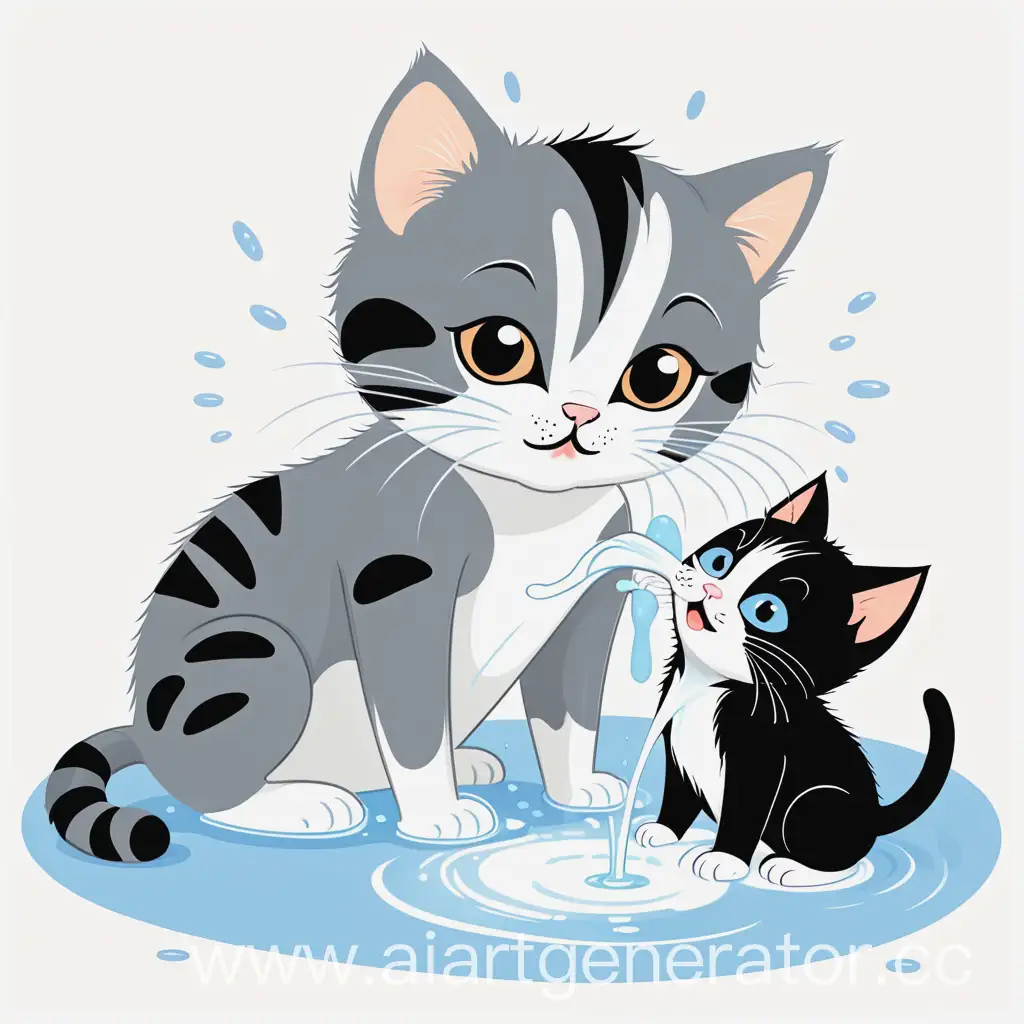 Маленький котенок умывается, а рядом большая мама кошка пьет молоко, простой рисунок для детской книги