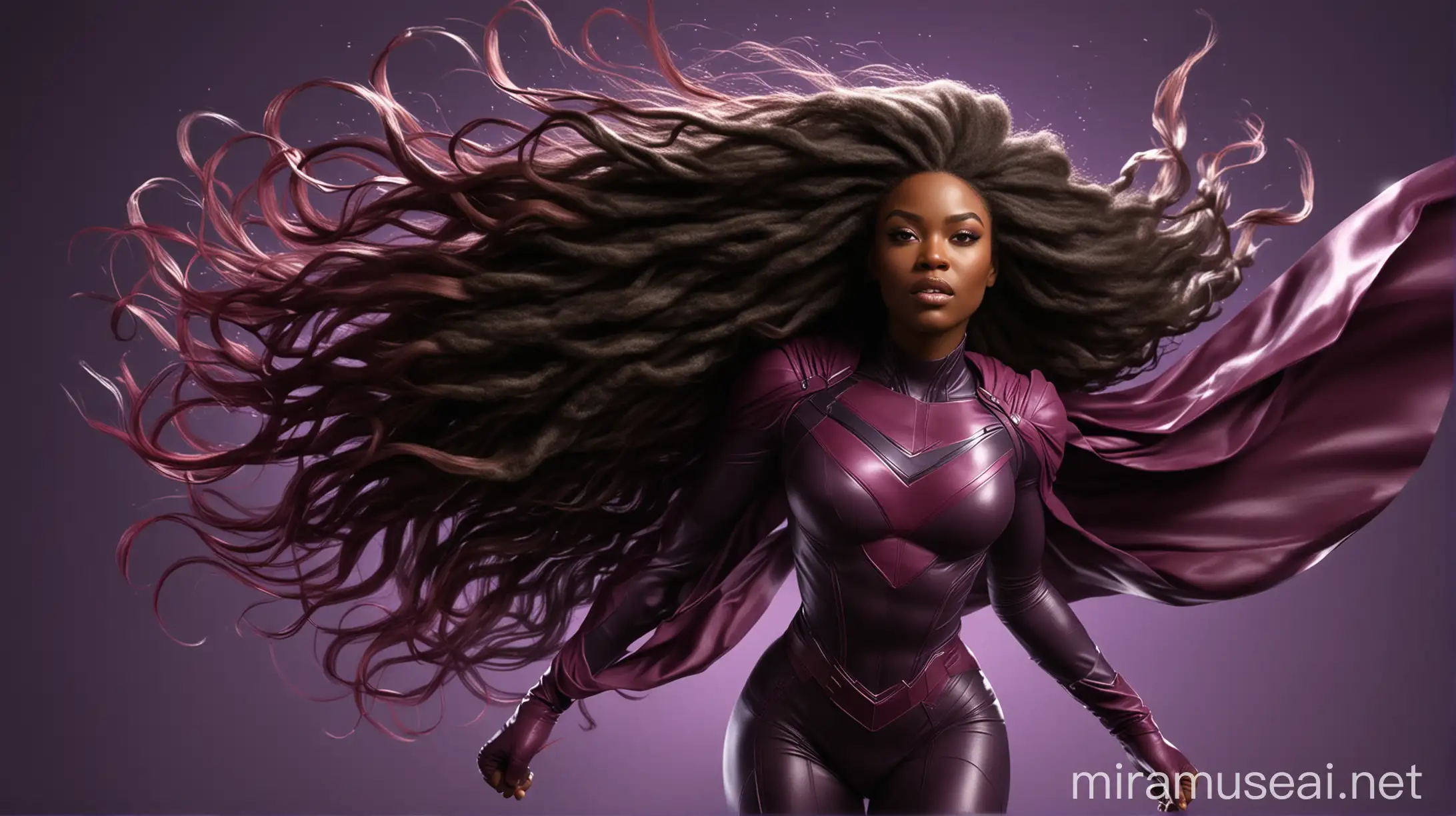 3D image of Black woman superhero on black, burgundy, purple outfit with wind blowing behind her with natural long hair