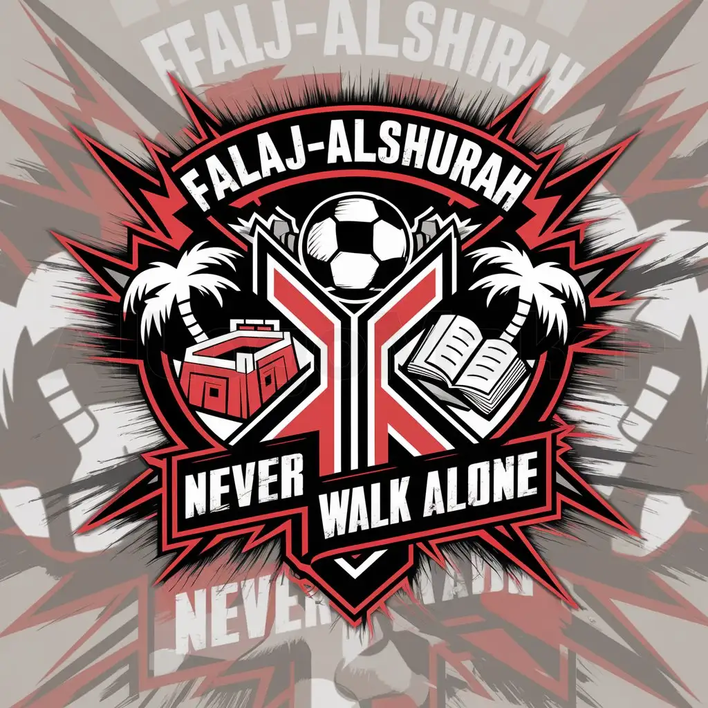 a logo design,with the text "FALAJ-ALSHURAH", main symbol:SOCCER TEAM, ESTABLISHED 1981, IT HAS a SOCCER BALL, A FORT, A BOOK, TWO PALM TREES. COLORED RED, BLACK AND WHITE. IT HAS A PHRASE NEVER WALK ALONE.,Moderate,be used in Sports Fitness industry,clear background