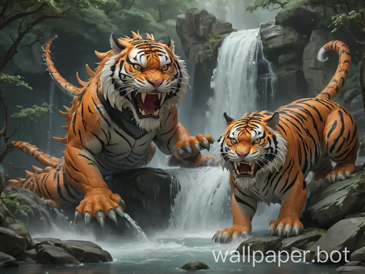 Samurai-Warrior-Confronts-Dragon-and-Tiger-at-Waterfall