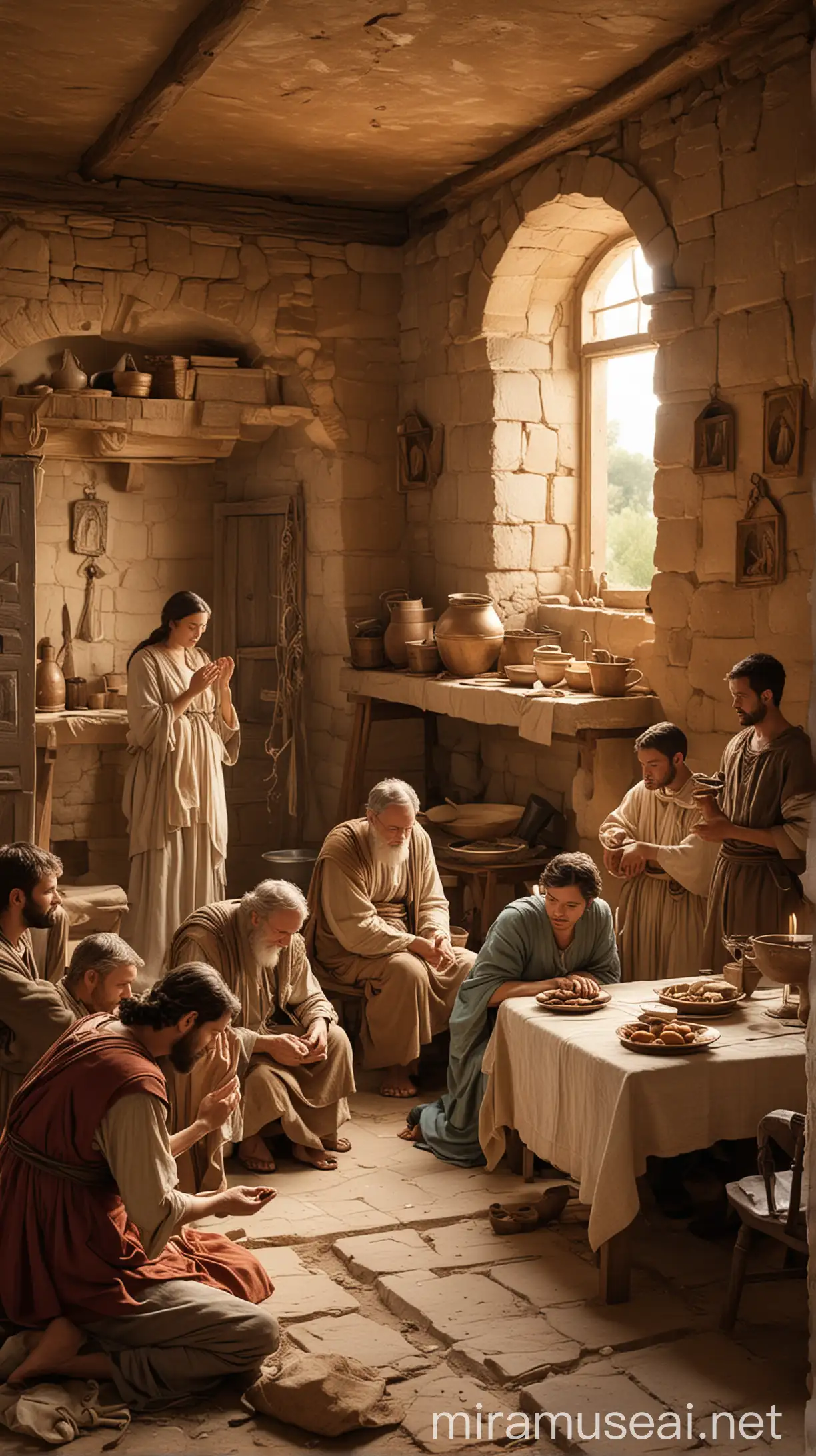 Visualize a bustling ancient household with people engaged in discussion, prayer, and fellowship, depicting Philemon's residence as a center of Christian activity.In ancient world 