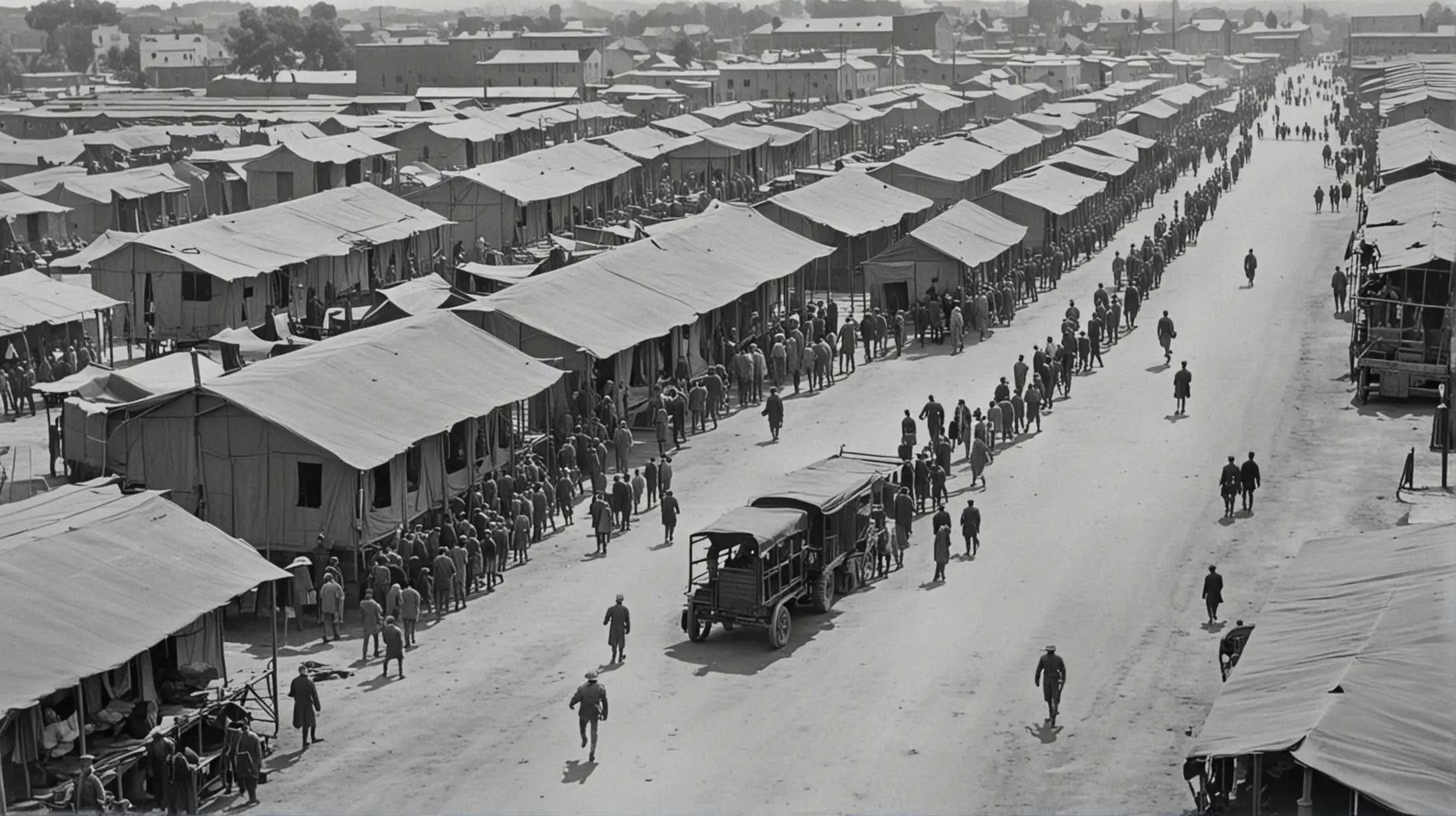 1910, een militair kamp met rijen strakke barakken, mensen lopen in de straten tussen de barakken, oude vrachtwagens, high angle, zwartwit tekening