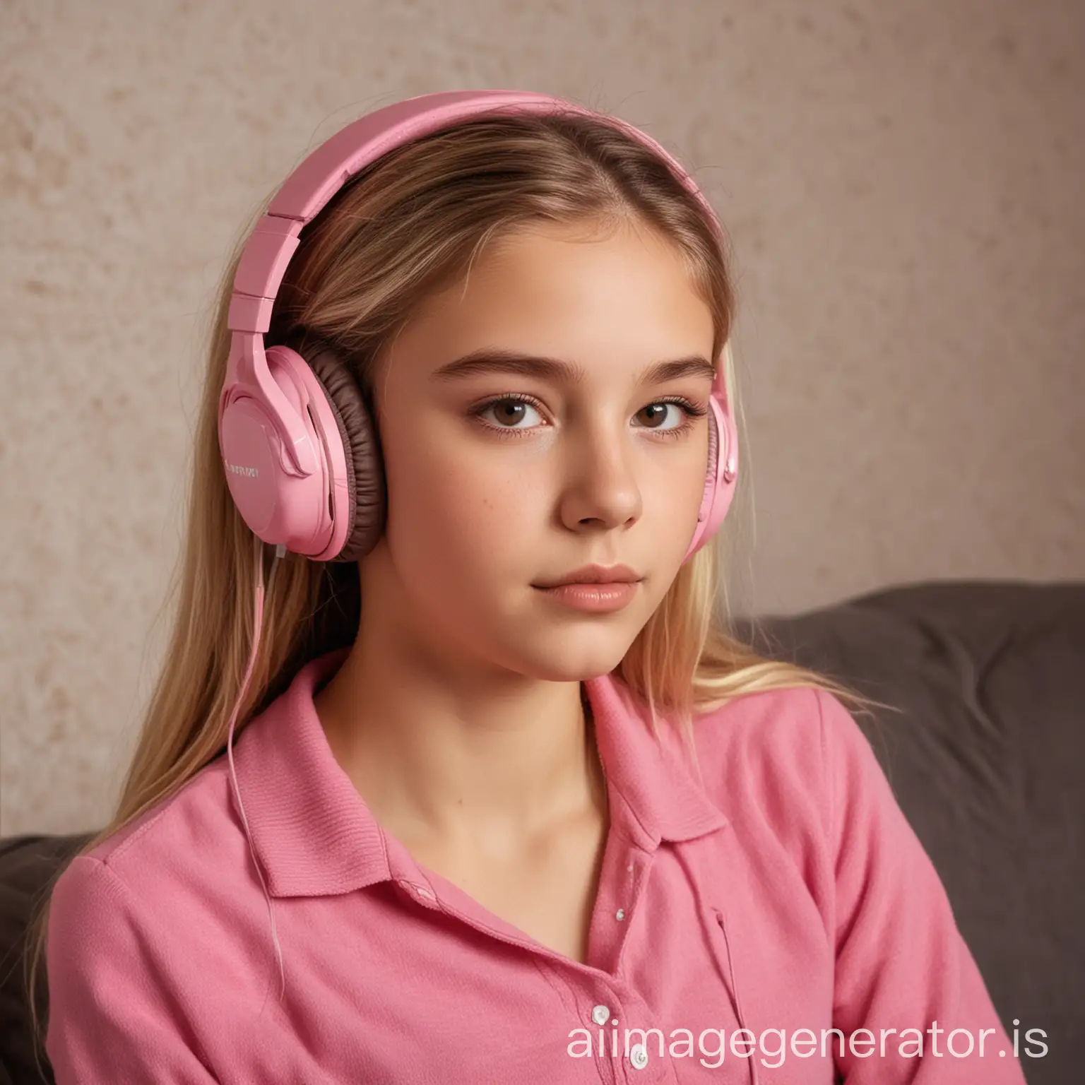 15 year old girl, blonde hair, brown eyes, listening to pink headset, sat down