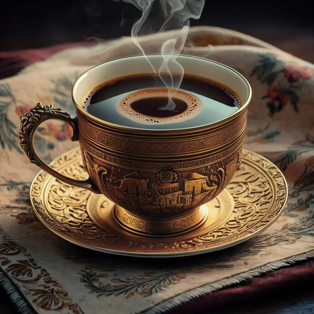 Realistic, magically beautiful photo showing aromatic coffee in a beautiful embellishment cup that will take you to the world of ancient Rome.