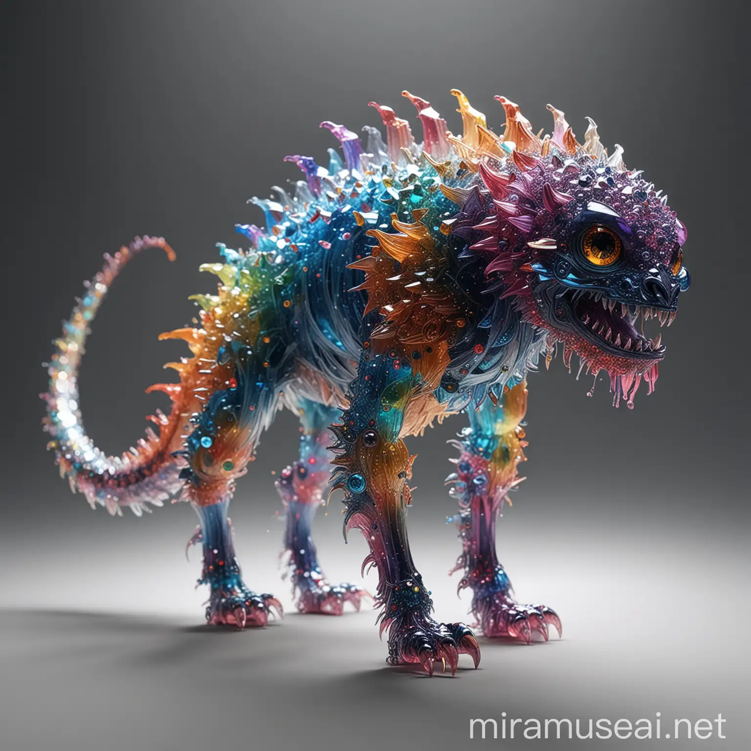 a 4 legged monster made of shiny colorfull distinct crystals different colors stunning with a long tail and sparkles, sphere eyes translucent