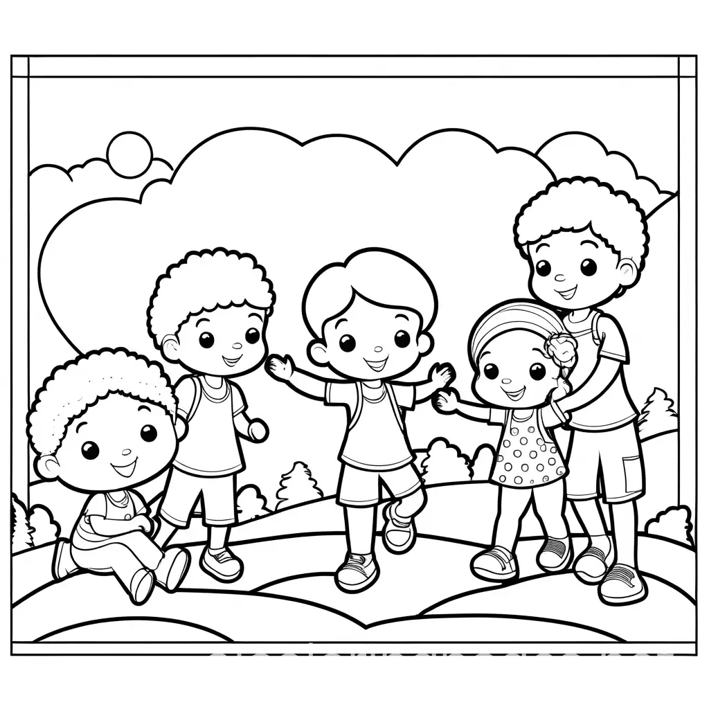 Black-Children-Playing-Together-Coloring-Page-with-Simple-Line-Art-on-White-Background