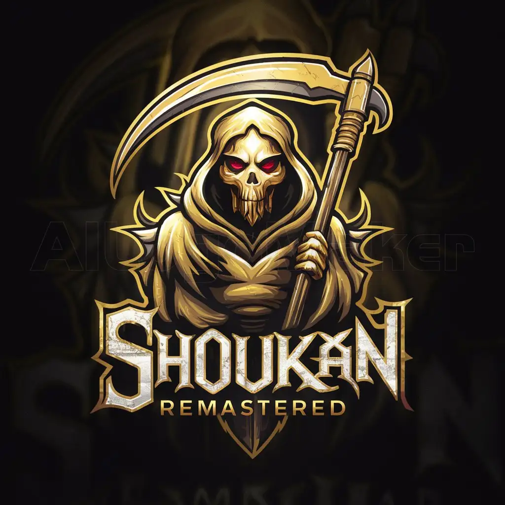 a logo design,with the text "Shoukan Remastered", main symbol:Reaper, Gold, Black, Scythe,complex,clear background