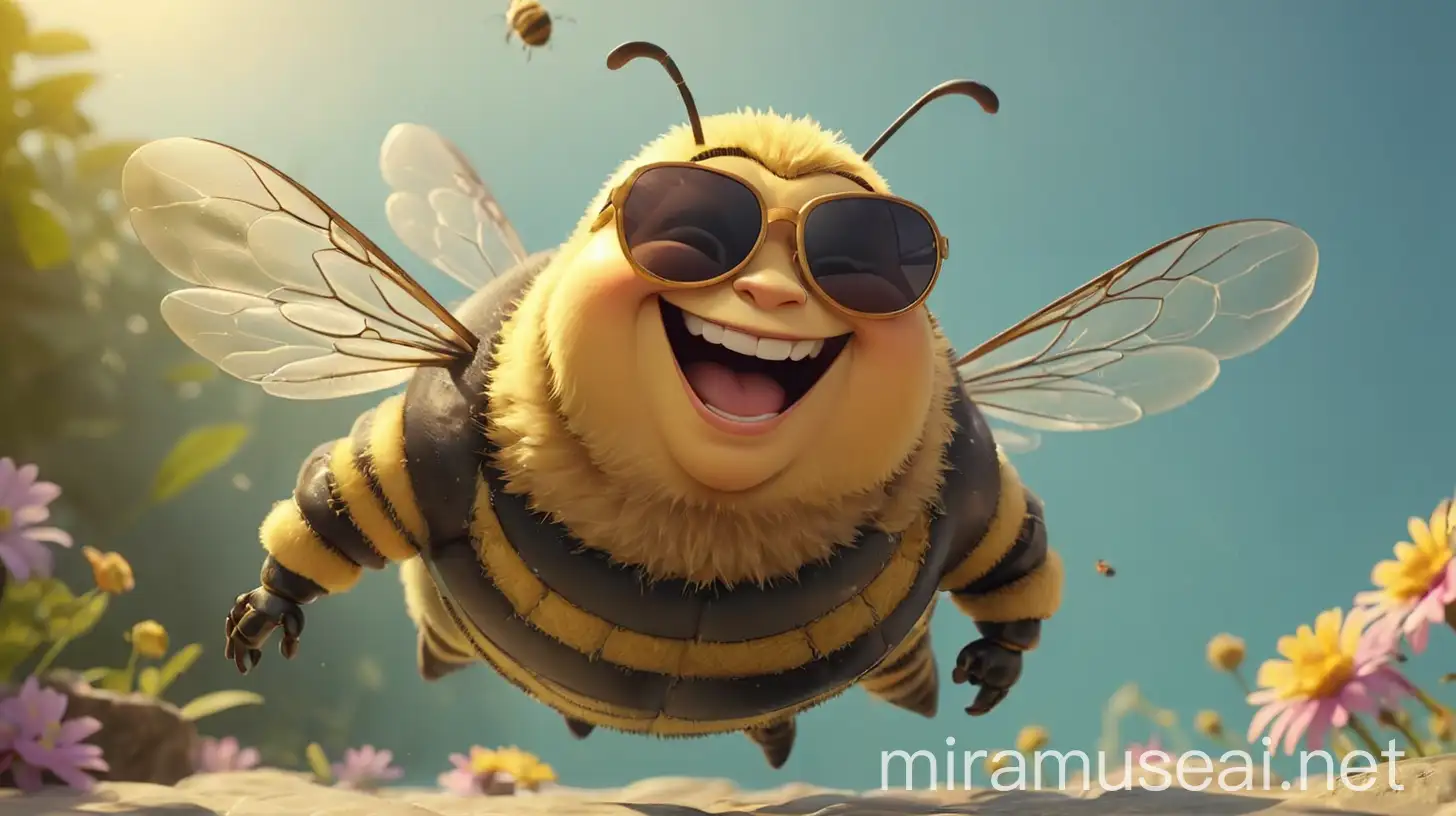 крутая жирная пчелка в в солнцезащитных очках парит в воздухе и улыбается