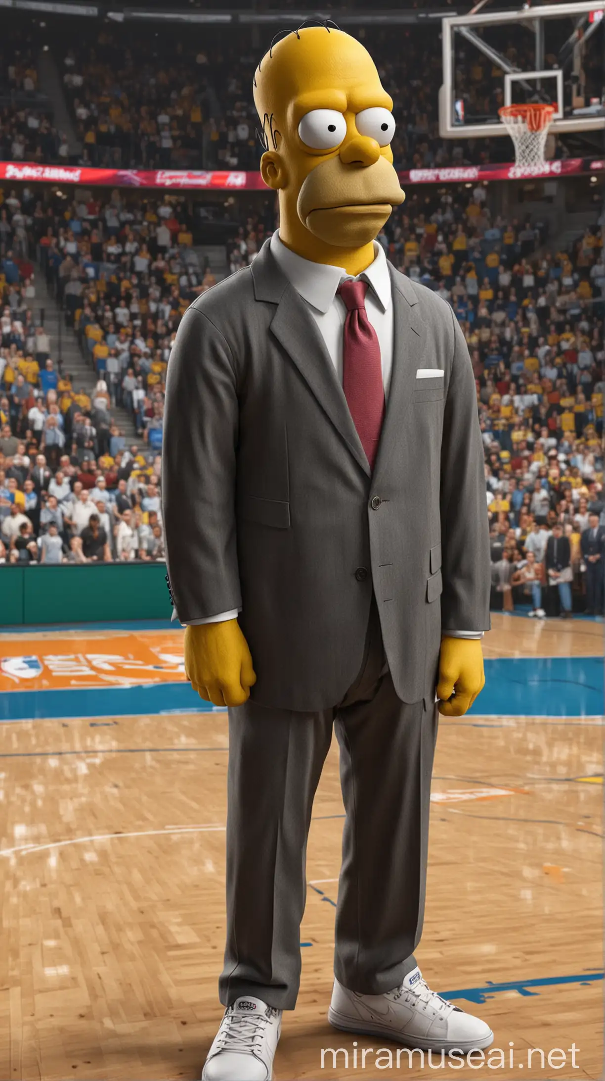 create a hyper real image of Homer Simpson on a NBA Court in a suit