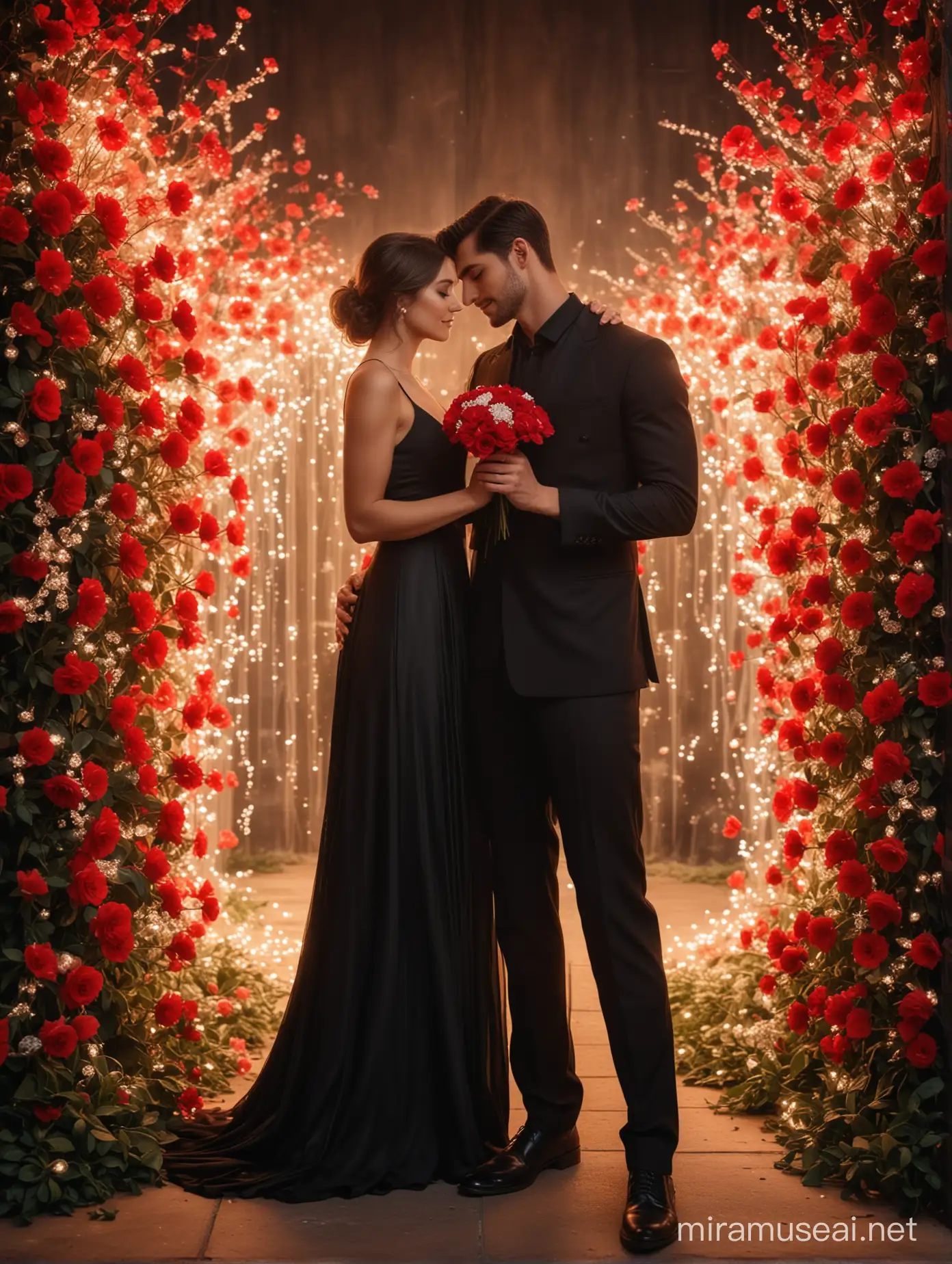 A beautiful lady in a black fitted dress, held romantically by a handsome young man, standing near a sparkling red and white glowing flower