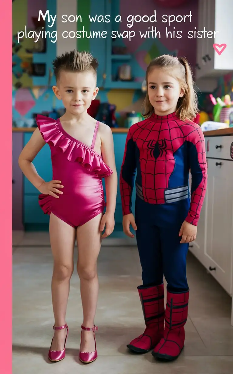 (((Gender role reversal))), colourful Photograph of two little white-skinned children, a cute 7-year-old English boy with short smart spiky hair shaved on the sides, and his sister a 8-year-old English girl with long hair in a ponytail, standing in their kitchen, the boy is wearing a silky pink one-piece frilly pink swimsuit with 1 strap and high heel shoes, the girl is wearing a Spider-Man surfer wetsuit and boots, adorable, clear faces, perfect faces, perfect eyes, perfect noses, the photograph is captioned “My son was a good sport playing costume swap with his sister 😭😭😭”