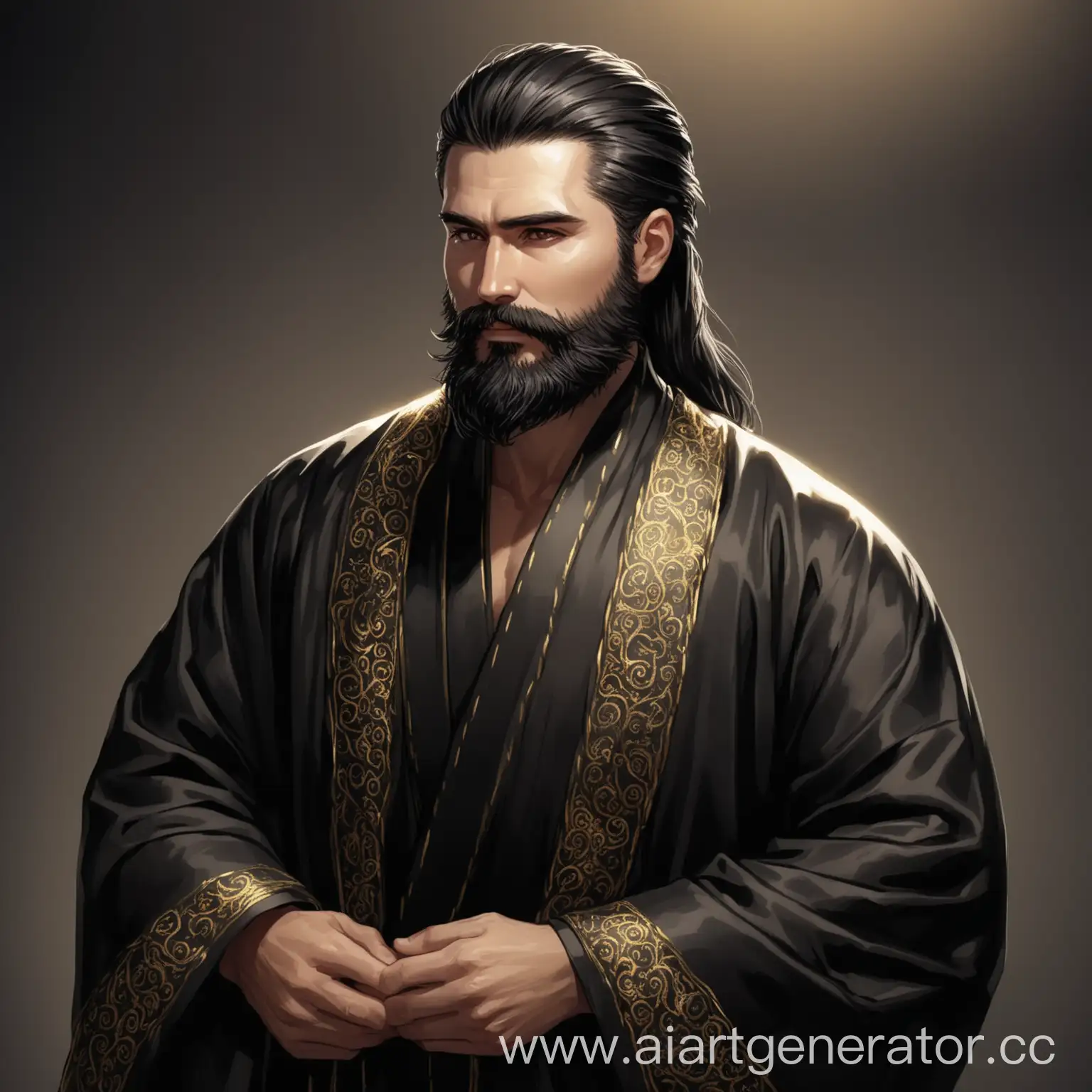 One man in a black gold-sewn robe with black hair combed back and a neat beard, high quality