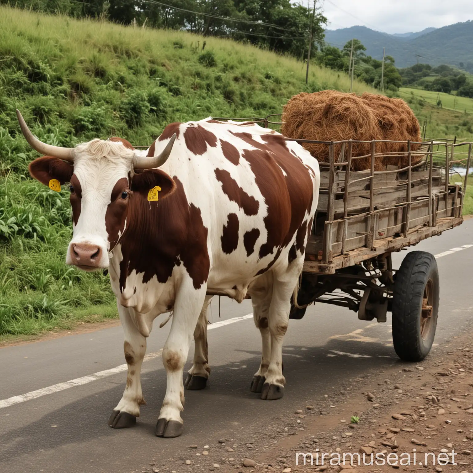 Cow Pulling Cart in Rural Landscape