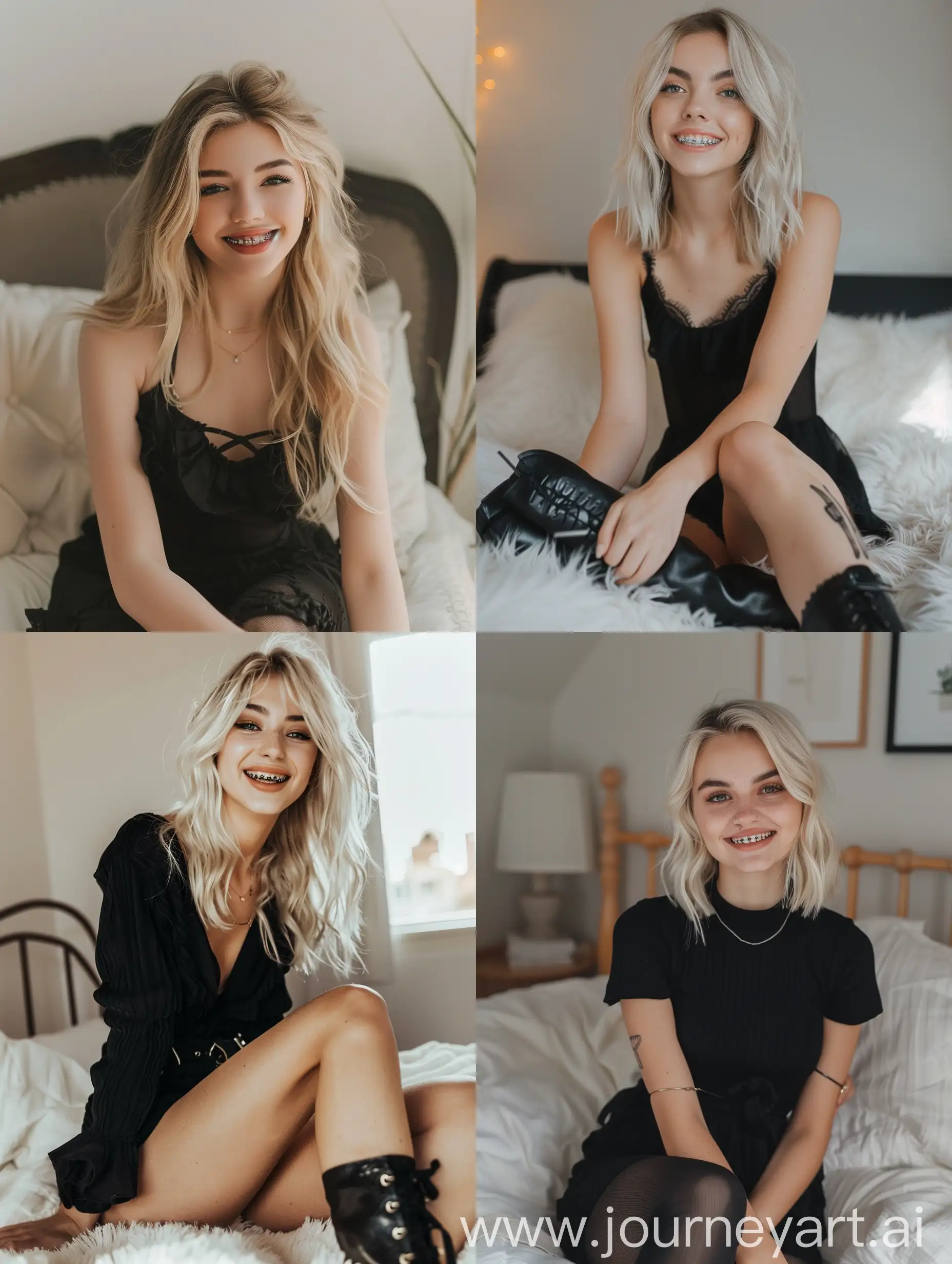 Young-Influencer-Woman-in-Black-Dress-Smiling-on-Bedchair
