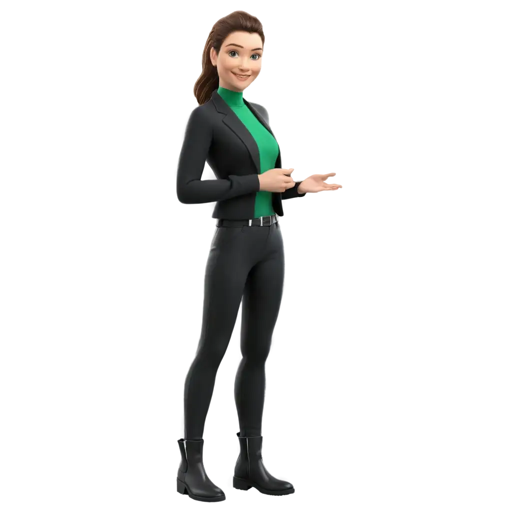 a realistic 3D model of a smiling woman in a black-green professional outfit with black boots with one hand extending out